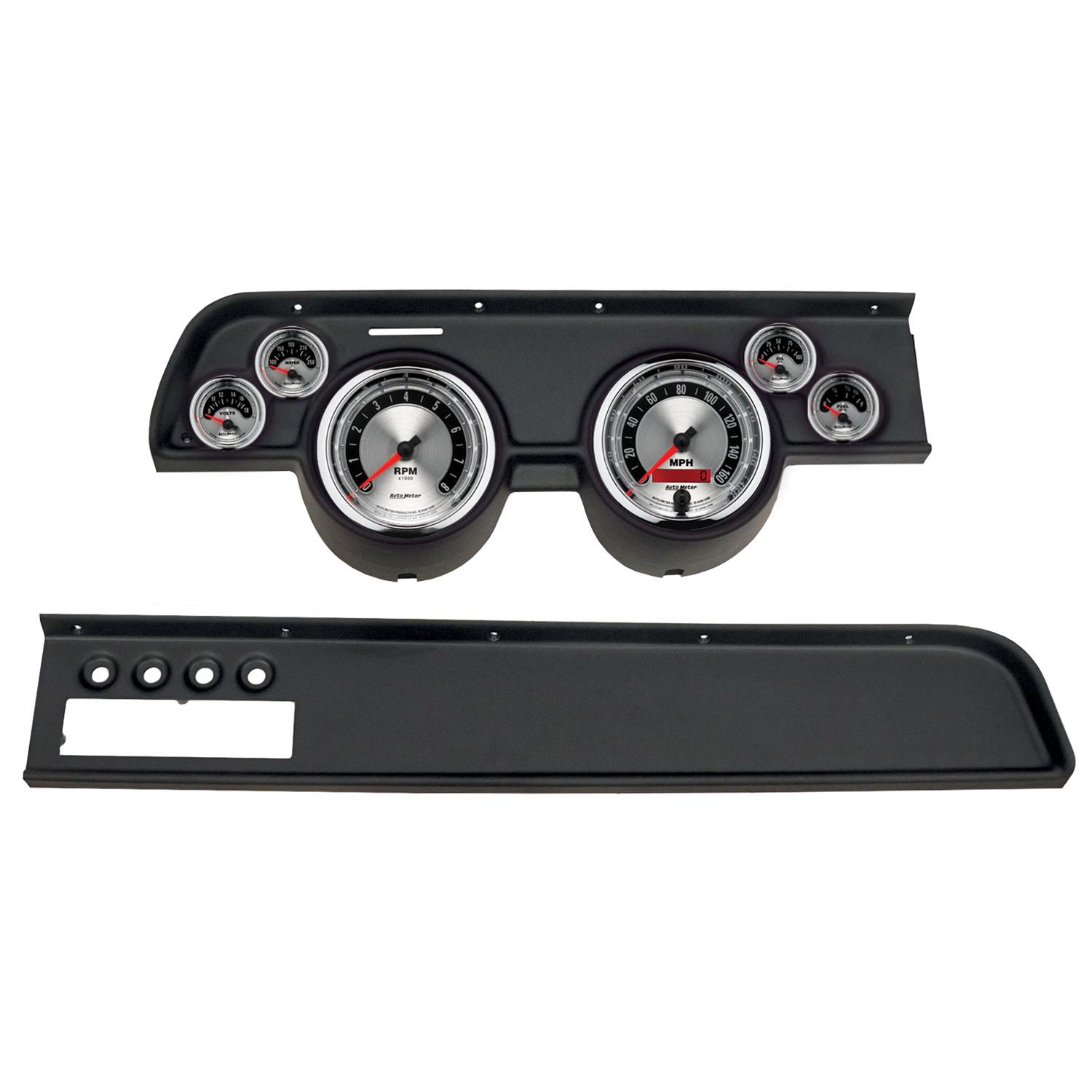 AutoMeter American Muscle Instrument Clusters for 1967-1968 COUGAR - 2115-01 Gauge Kit, Muscle, Analog, Silver Face, Speed, Tach, Oil, Water, Volt, Fuel, White Numbers, Red Pointers, Black Panel, Mercury, With A/C, Kit