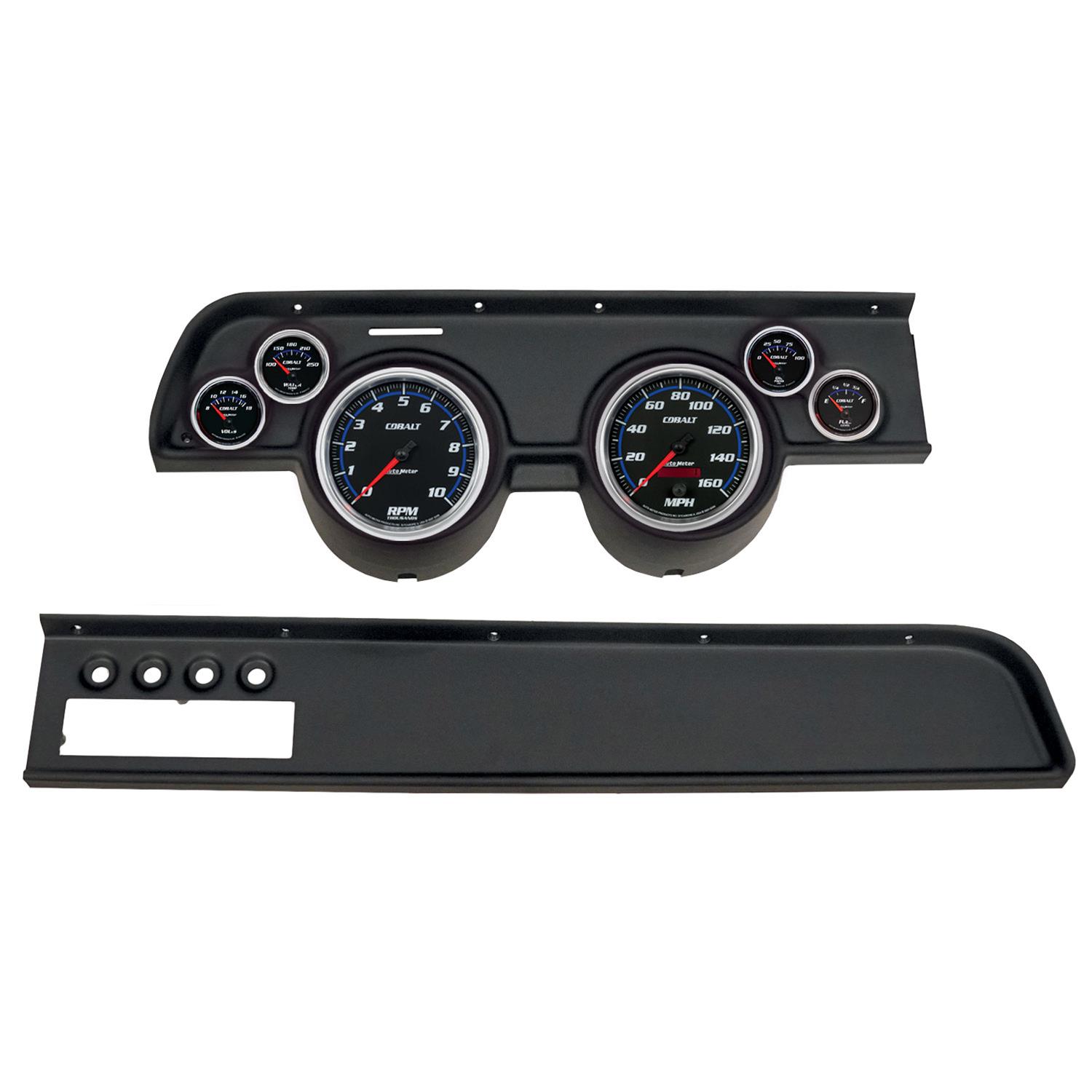 AutoMeter Cobalt Instrument Clusters for 1967-1968 COUGAR - 2115-05 Gauge Kit, Cobalt, Analog, Black Face, Speedo, Tach, Oil, Water, Volts, Fuel, White/Blue Numbers, Red Pointers, Black Panel, Mercury, With A/C, Kit