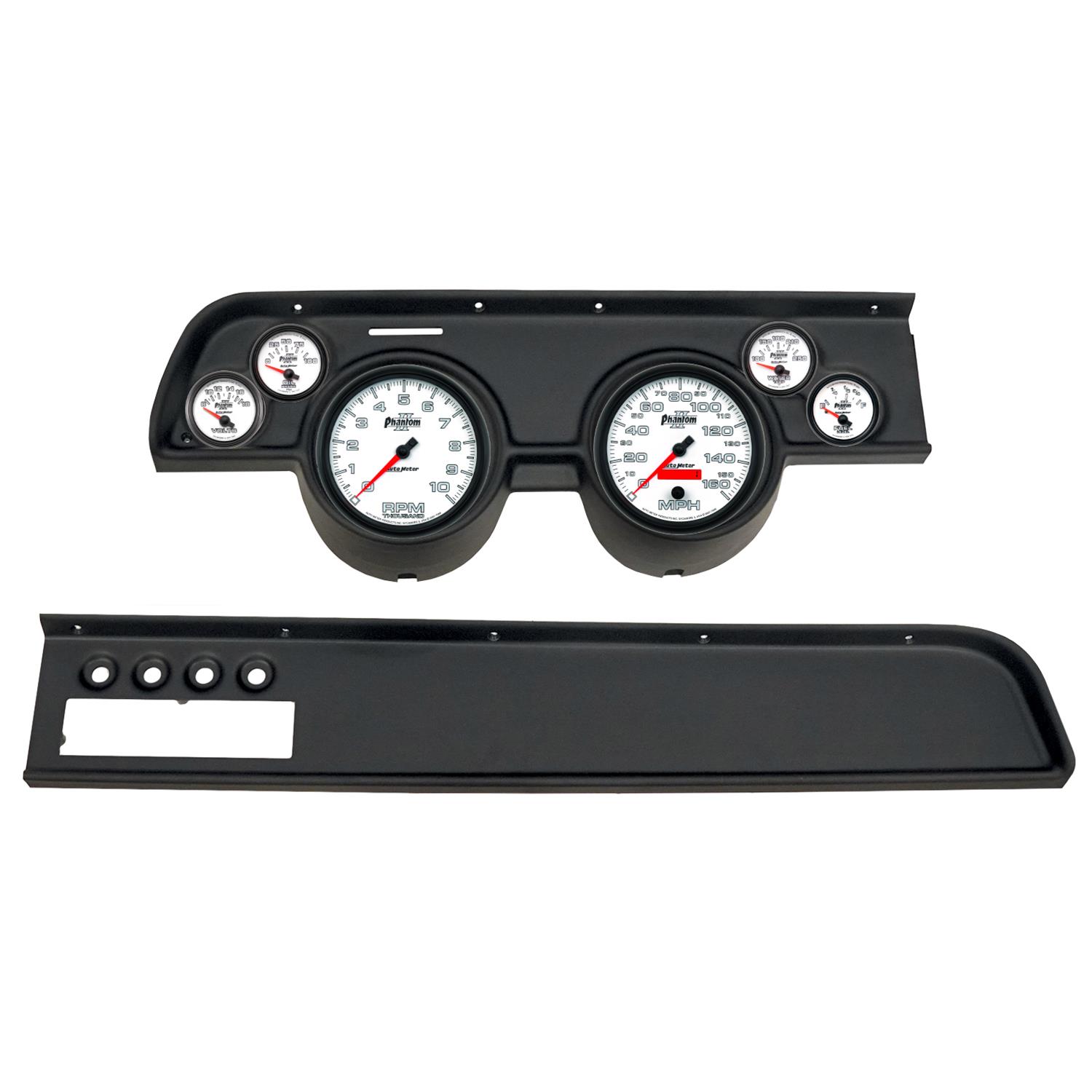AutoMeter Phantom II Instrument Clusters for 1967-1968 COUGAR - 2115-10 Gauge Kit, II, Analog, White Face, Speedo, Tach, Oil, Water, Volts, Fuel, Silver Numbers, Red Pointers, Black Panel, Mercury, With A/C, Kit