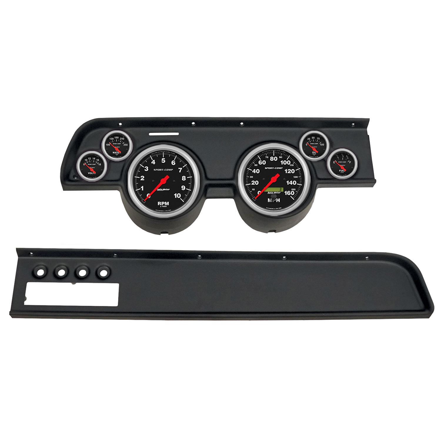 AutoMeter Sport-Comp Instrument Clusters for 1967-1968 COUGAR - 2115-11 Gauge Kit, Sport-Comp, Analog, Black Face, Speedo, Tach, Oil, Water, Volts, Fuel, White Numbers, Red Pointers, Black Panel, Mercury, With A/C, Kit
