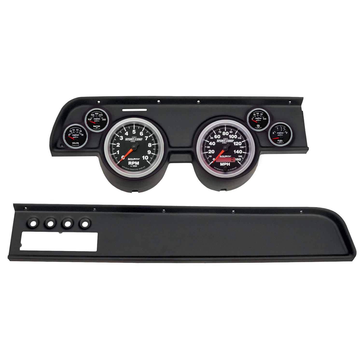 AutoMeter Sport-Comp II Instrument Clusters for 1967-1968 COUGAR - 2115-12 Gauge Kit, II, Analog, Black Face, Speedo, Tach, Oil, Water, Volts, Fuel, White Numbers, Red Pointers, Black Panel, Mercury, With A/C, Kit