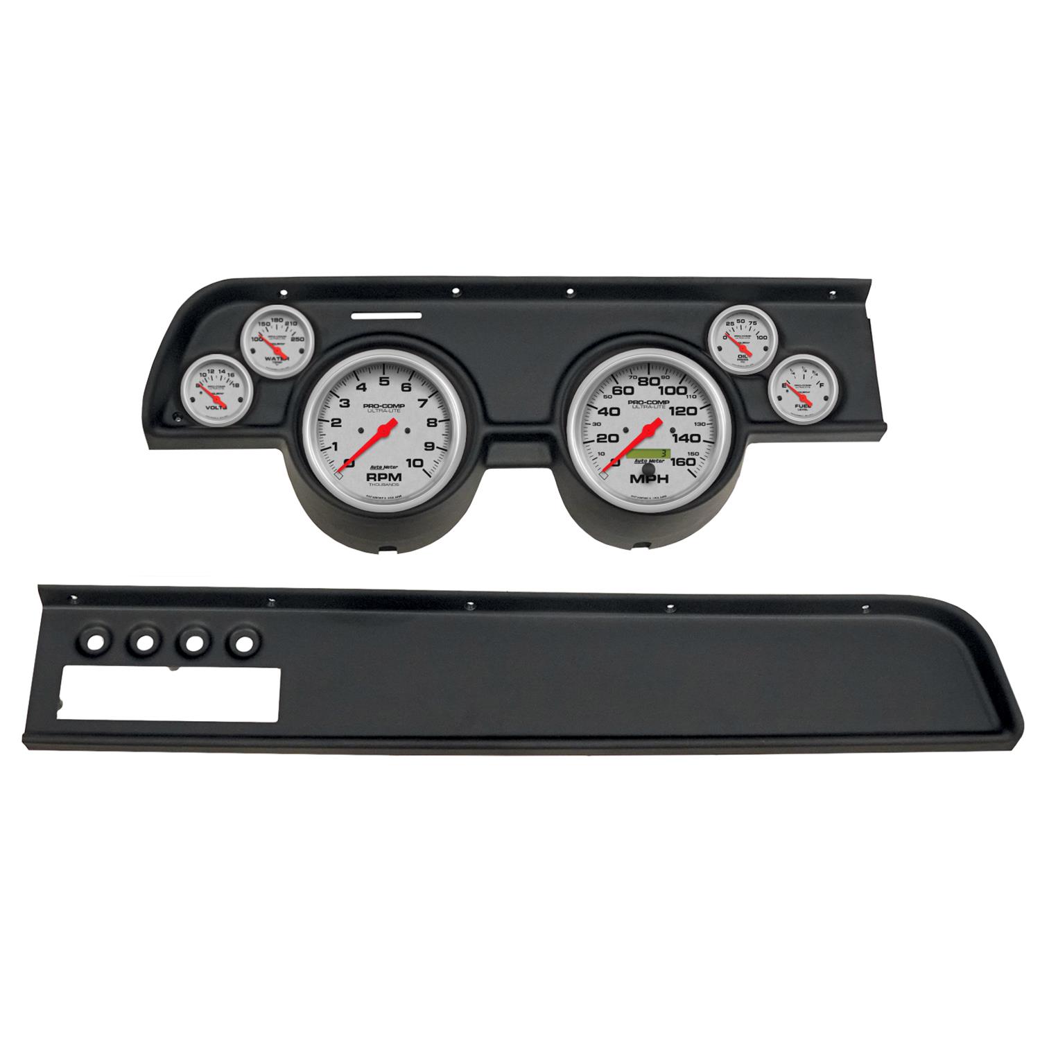 AutoMeter Ultra-Lite Instrument Clusters for 1967-1968 COUGAR - 2115-13 Gauge Kit, Ultra-Lite, Analog, Silver Face, Speedo, Tach, Oil, Water, Volts, Fuel, Black Numbers, Red Pointers, Black Panel, Mercury, With A/C, Kit
