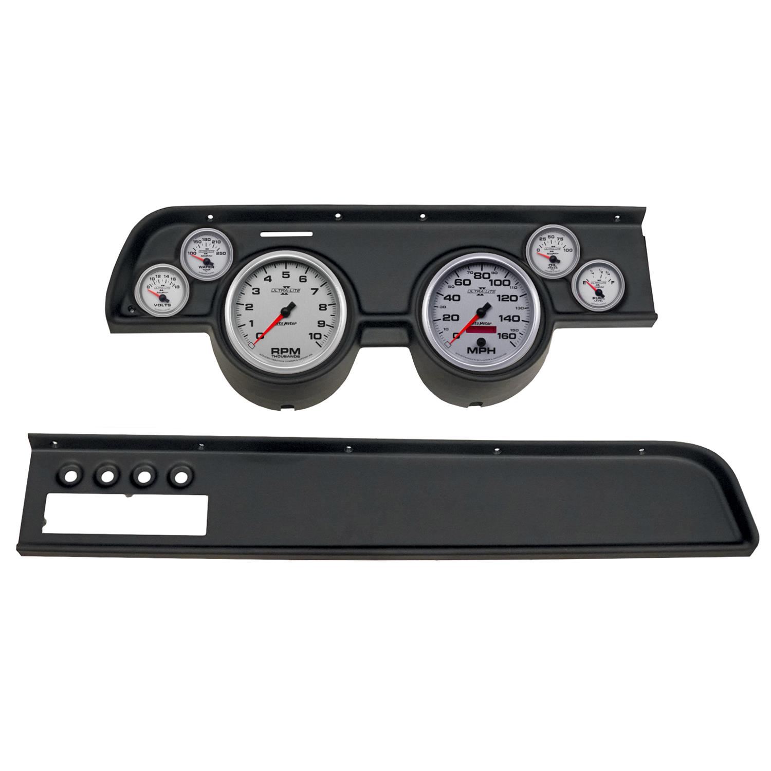 AutoMeter Ultra-Lite II Instrument Clusters for 1967-1968 COUGAR - 2115-14 Gauge Kit, II, Analog, Silver Face, Speedo, Tach, Oil, Water, Volts, Fuel, Black Numbers, Red Pointers, Black Panel, Mercury, With A/C, Kit