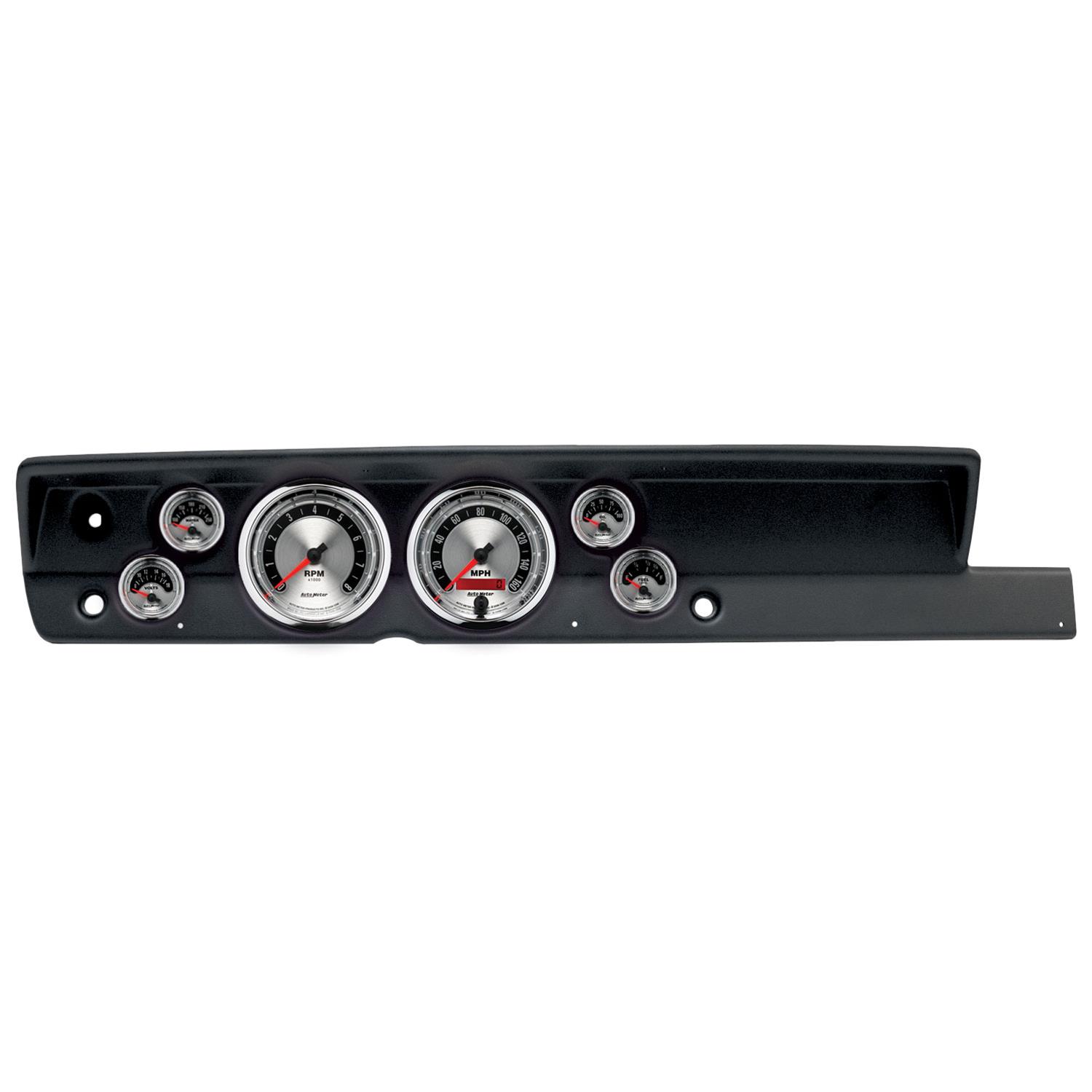 AutoMeter American Muscle Instrument Clusters for 1967-1969 BARRACUDA - 2117-01 Gauge Kit, Muscle, Analog, Silver Face, Speed, Tach, Oil, Water, Volt, Fuel, White Numbers, Red Pointers, Black Panel, Plymouth, No Heat, Kit