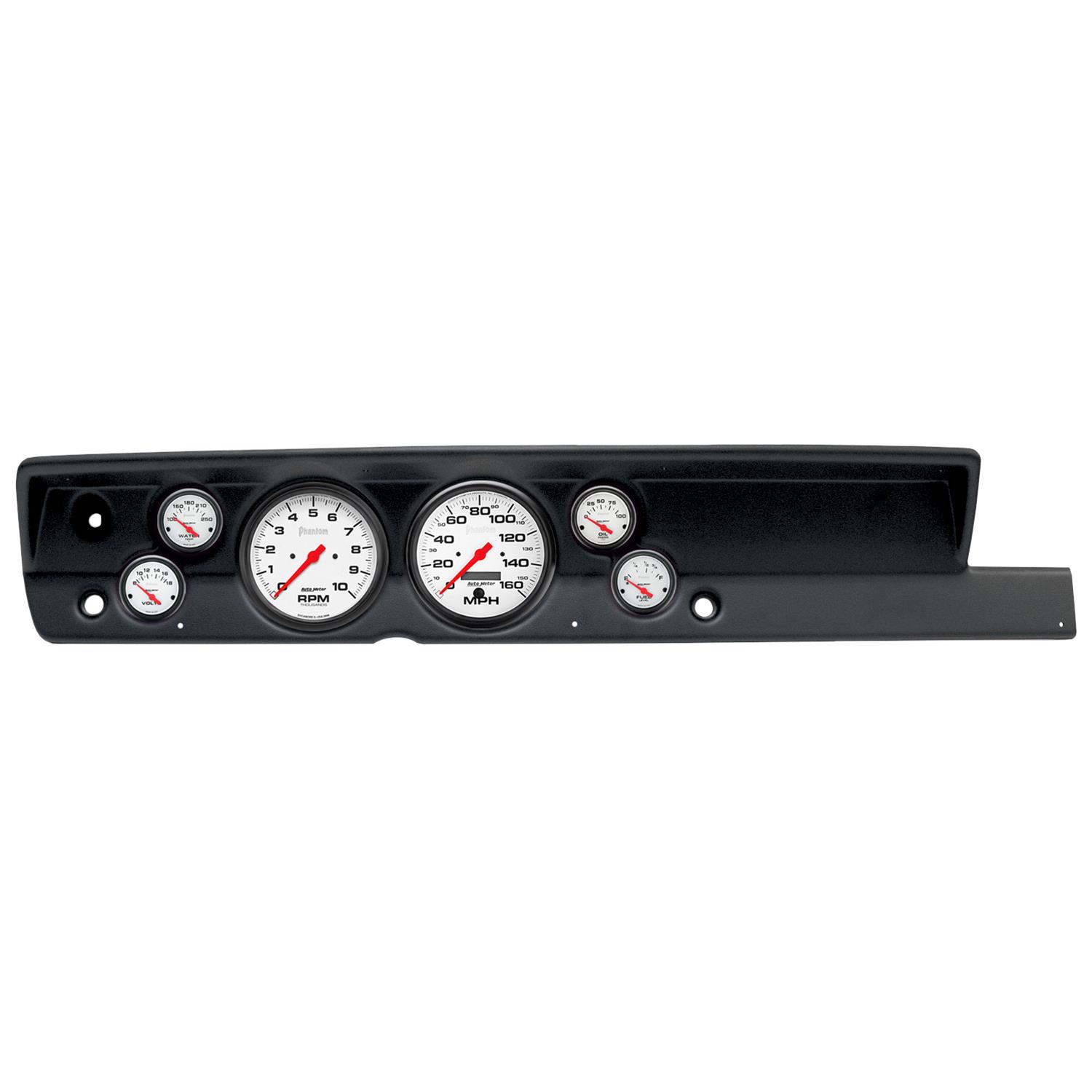 AutoMeter Phantom Instrument Clusters for 1967-1969 BARRACUDA - 2117-09 Gauge Kit, Phantom, Analog, White Face, Speed, Tach, Oil, Water, Volt, Fuel, Black Numbers, Red Pointers, Black Panel, Plymouth, No Heat, Kit
