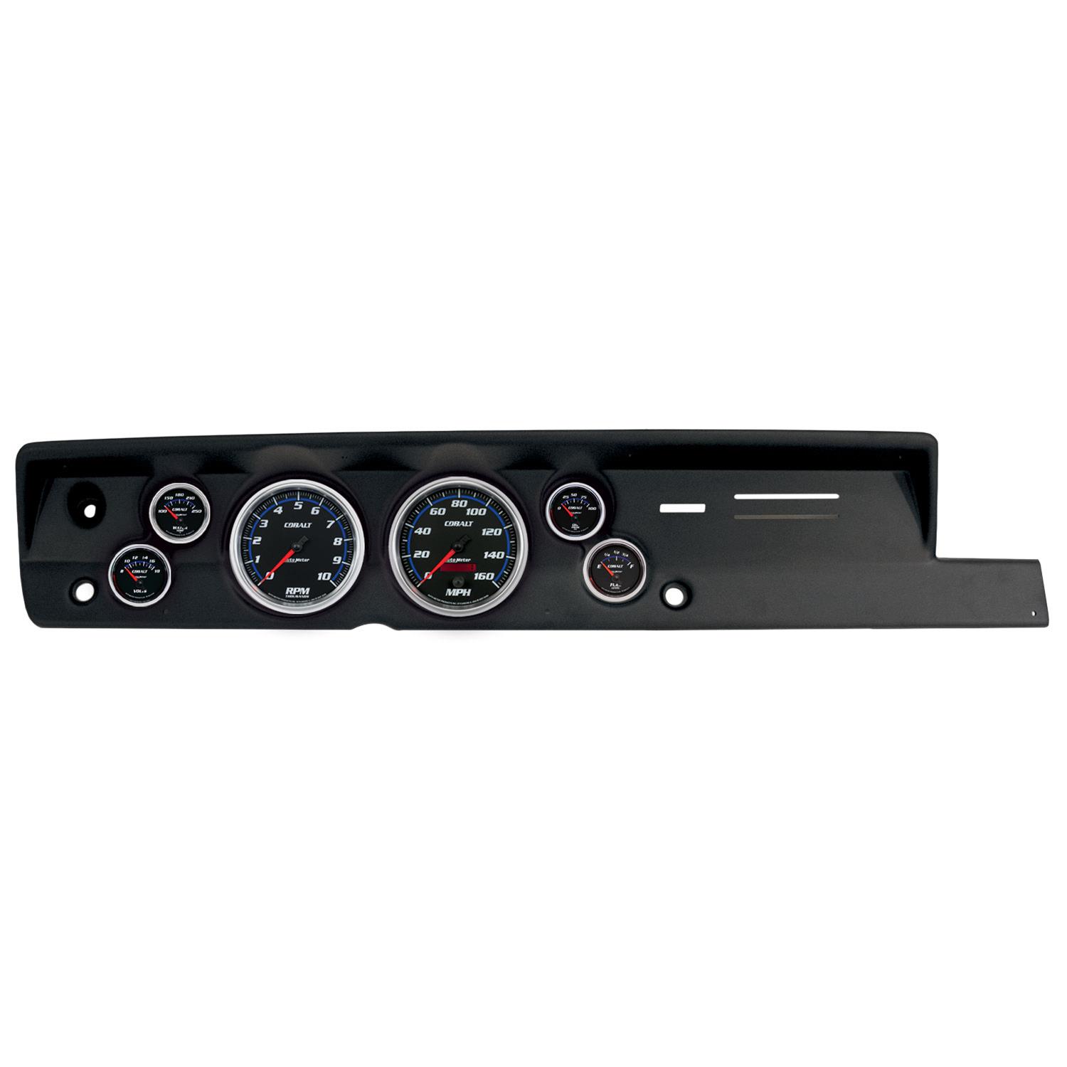 AutoMeter Cobalt Instrument Clusters for 1967-1969 BARRACUDA - 2118-05 Gauge Kit, Cobalt, Analog, Black Face, Speedo, Tach, Oil, Water, Volts, Fuel, White/Blue Numbers, Red Pointers, Black Panel, Plymouth, Kit