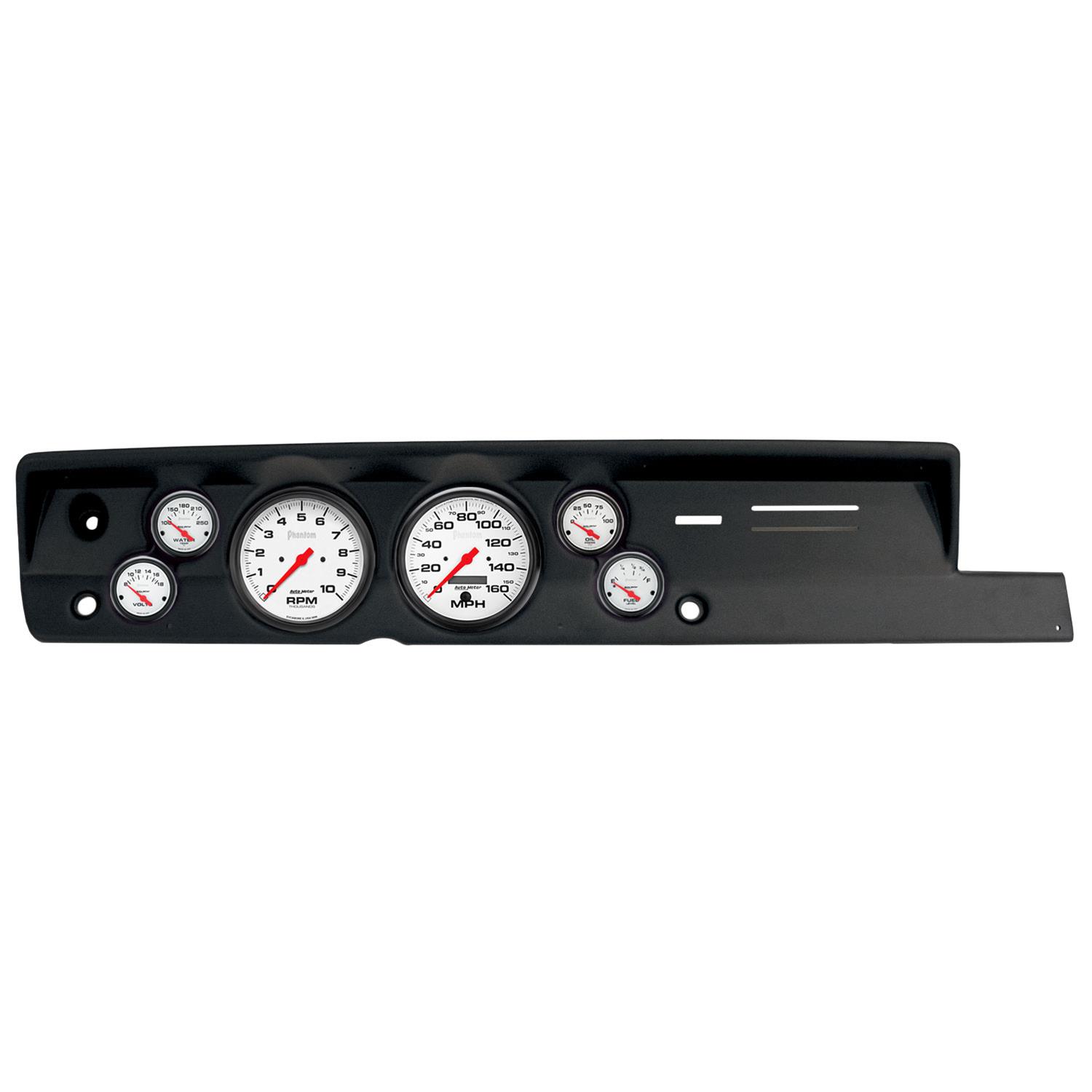 AutoMeter Phantom Instrument Clusters for 1967-1969 BARRACUDA - 2118-09 Gauge Kit, Phantom, Analog, White Face, Speedo, Tach, Oil, Water, Volts, Fuel, Black Numbers, Red Pointers, Black Panel, Plymouth, Kit