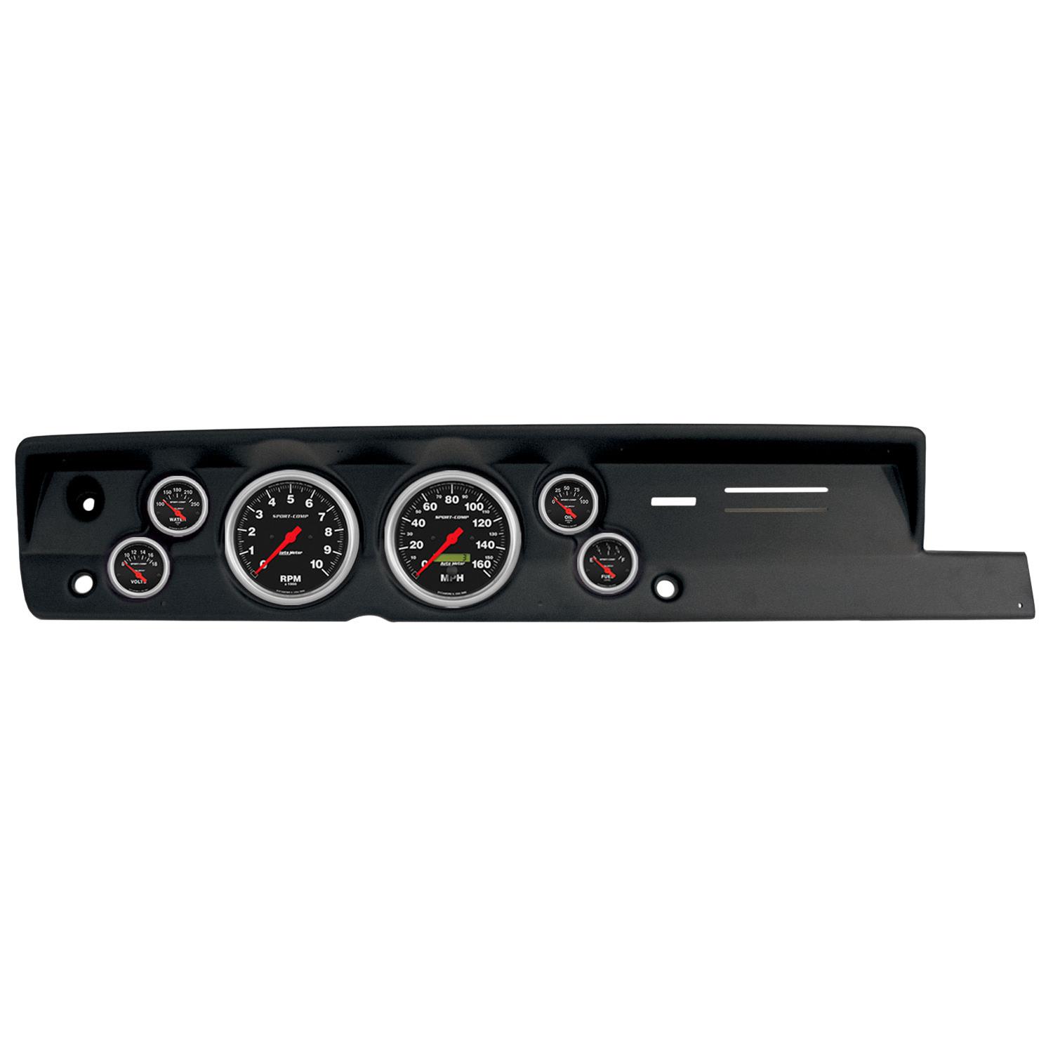AutoMeter Sport-Comp Instrument Clusters for 1967-1969 BARRACUDA - 2118-11 Gauge Kit, Sport-Comp, Analog, Black Face, Speedo, Tach, Oil, Water, Volts, Fuel, White Numbers, Red Pointers, Black Panel, Plymouth, Kit