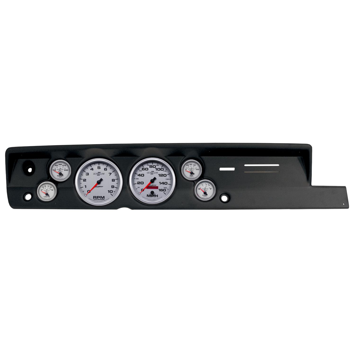 AutoMeter Ultra-Lite II Instrument Clusters for 1967-1969 BARRACUDA - 2118-14 Gauge Kit, II, Analog, Silver Face, Speedo, Tach, Oil, Water, Volts, Fuel, Black Numbers, Red Pointers, Black Panel, Plymouth, Kit