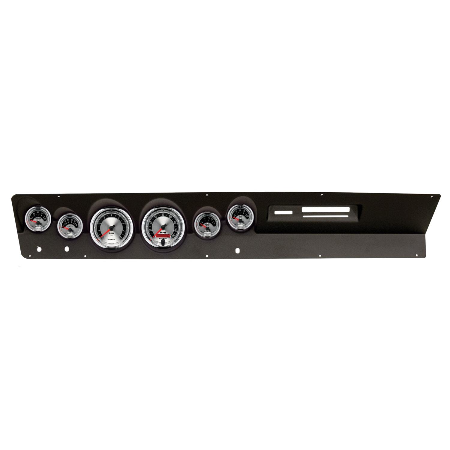 AutoMeter American Muscle Instrument Clusters for 1967-1969 DART - 2119-01 Gauge Kit, Muscle, Analog, Silver Face, Speedo, Tach, Oil, Water, Volts, Fuel, White Numbers, Red Pointers, Black Panel, Dodge, Kit