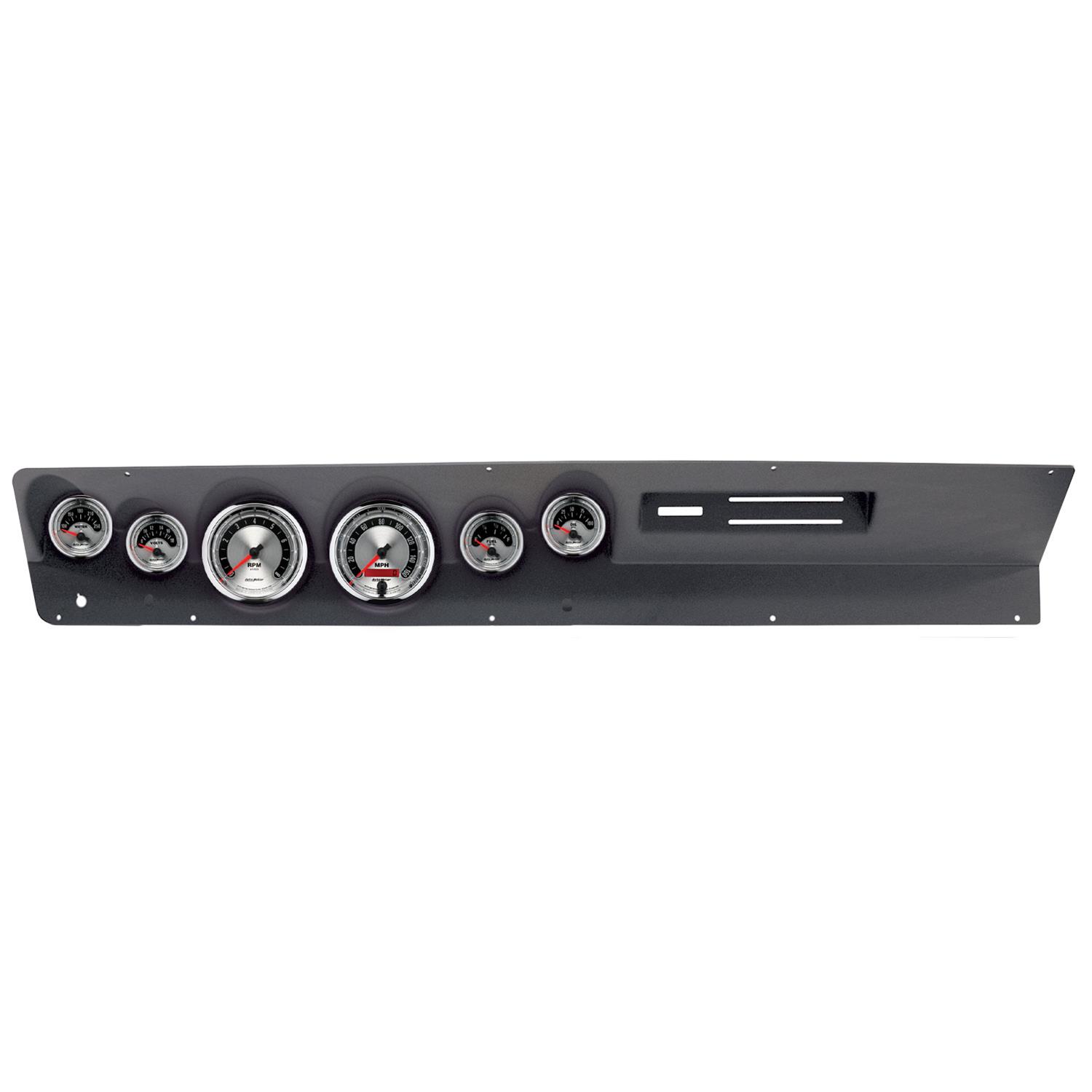 AutoMeter American Muscle Instrument Clusters for 1967-1969 DART - 2120-01 Gauge Kit, Muscle, Analog, Silver Face, Speedo, Tach, Oil, Water, Volts, Fuel, White Numbers, Red Pointers, Black Panel, Dodge, With A/C, Kit