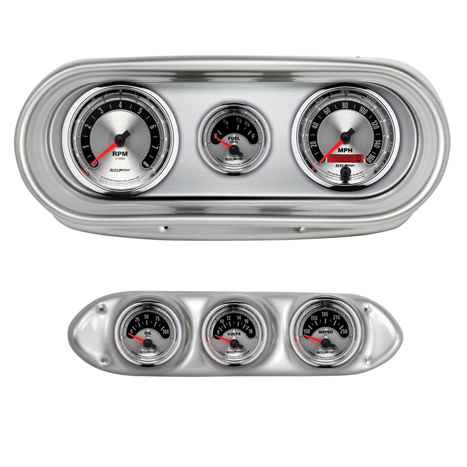AutoMeter American Muscle Instrument Clusters for 1962-1965 CHEVY II - 2127-01 Gauge Kit, Muscle, Analog, Silver Face, Speedo, Tach, Oil, Water, Volts, Fuel, White Numbers, Red Pointers, Aluminum, Panel, Chevy, Kit