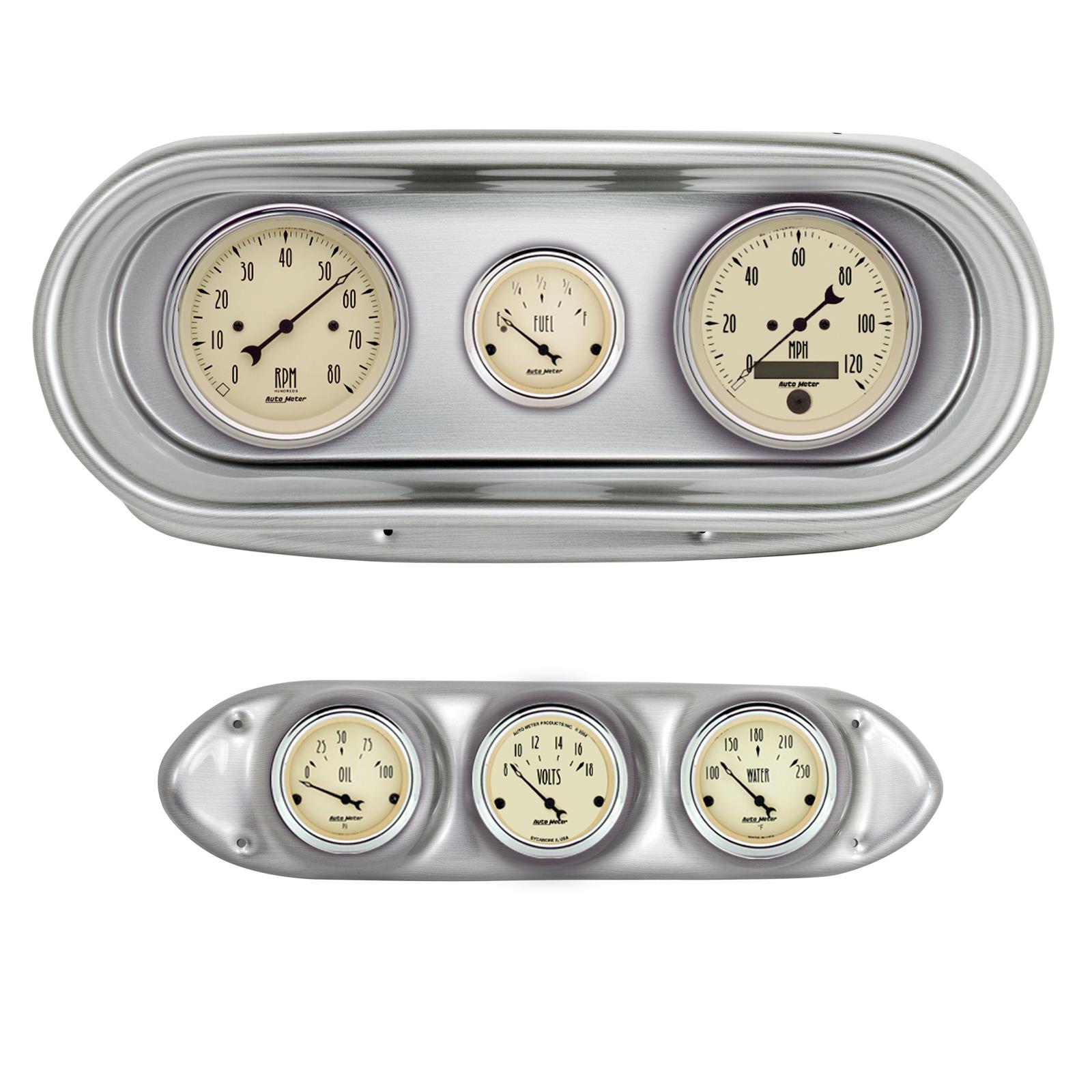 AutoMeter Antique Beige Instrument Clusters for 1962-1965 CHEVY II - 2127-02 Gauge Kit, Beige, Analog, Speedo, Tach, Oil, Water, Volts, Fuel, Black Numbers and Pointers, Brushed Panel, Chevy, Kit