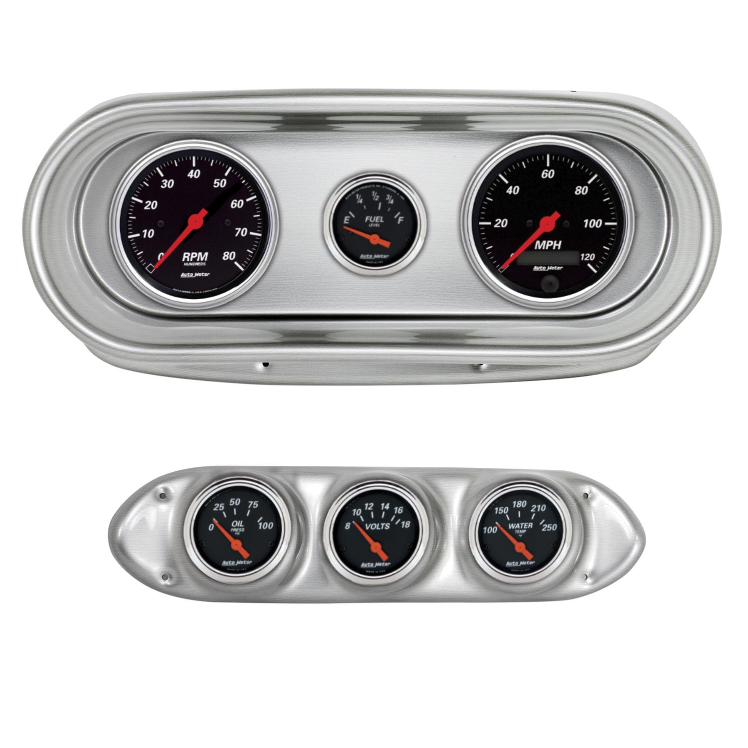 AutoMeter Designer Black Instrument Clusters for 1962-1965 CHEVY II - 2127-06 Gauge Kit, Black, Analog, Speedo, Tach, Oil, Water, Volts, Fuel, White Numbers, Red Pointers, Brushed Panel, Chevy, Kit