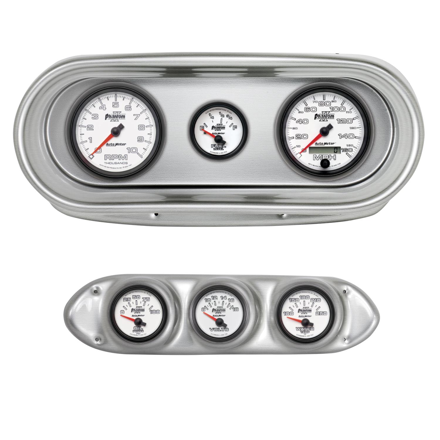 AutoMeter Phantom II Instrument Clusters for 1962-1965 CHEVY - 2127-10 Gauge Kit, II, Analog, White Face, Speedo, Tach, Oil, Water, Volts, Fuel, Silver Numbers, Red Pointers, Brushed Panel, Chevy, Kit