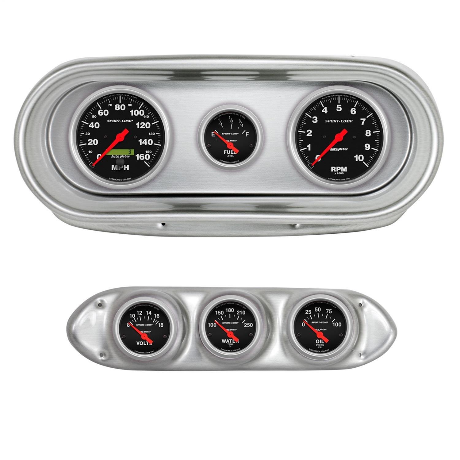 AutoMeter Sport-Comp Instrument Clusters for 1962-1965 CHEVY II - 2127-11 Gauge Kit, Sport-Comp, Analog, Black Face, Speedo, Black Face, Tach, Oil, Water, Volts, Fuel, White Numbers, Red Pointers, Brushed Panel, Chevy, Kit