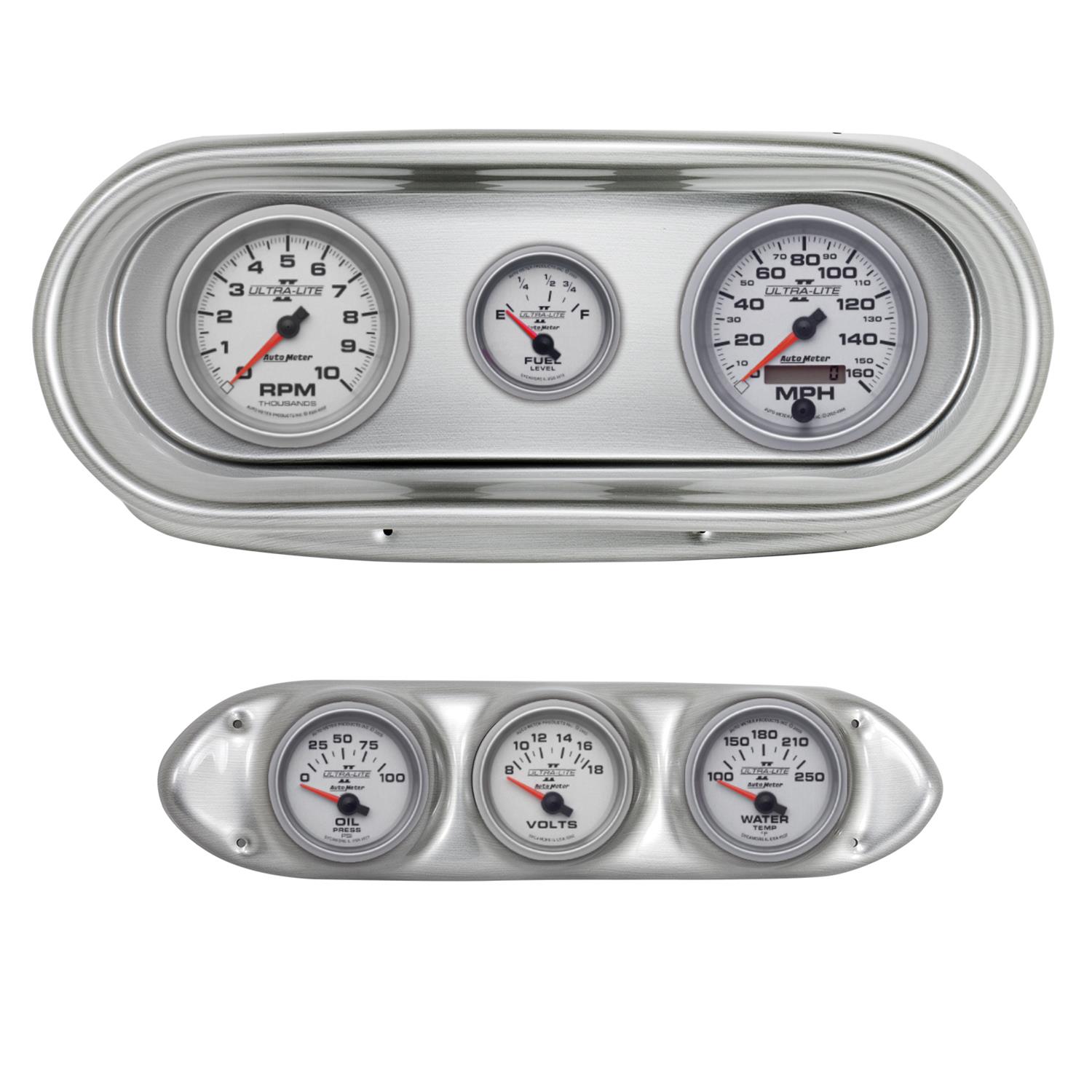 AutoMeter Ultra-Lite II Instrument Clusters for 1962-1965 CHEVY - 2127-14 Gauge Kit, II, Analog, Silver Face, Speedo, Tach, Oil, Water, Volts, Fuel, Black Numbers, Red Pointers, Brushed Panel, Chevy, Kit