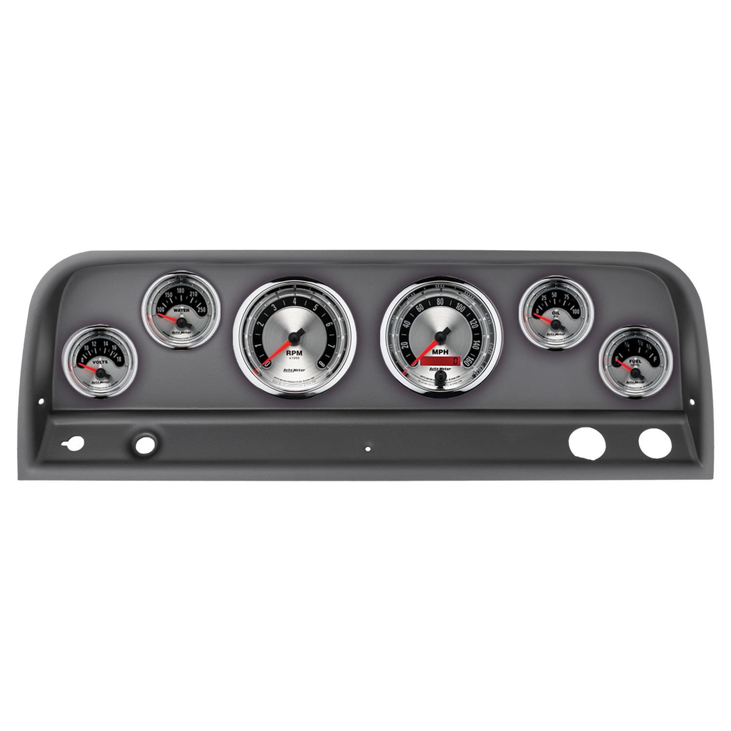 AutoMeter American Muscle Instrument Clusters 2128-01 Gauge Kit, Muscle, Analog, Silver Face, Speedo, Tach, Oil, Water, Volts, Fuel, White Numbers, Red Pointers, Black Panel, Chevy, Kit