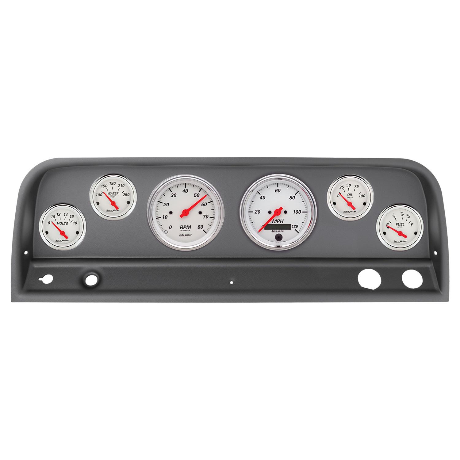 AutoMeter Arctic White Instrument Clusters 2128-03 Gauge Kit, White, Analog, Speedo, Tach, Oil, Water, Volts, Fuel, Black Numbers, Red Pointers, Black Panel, Chevy, Kit