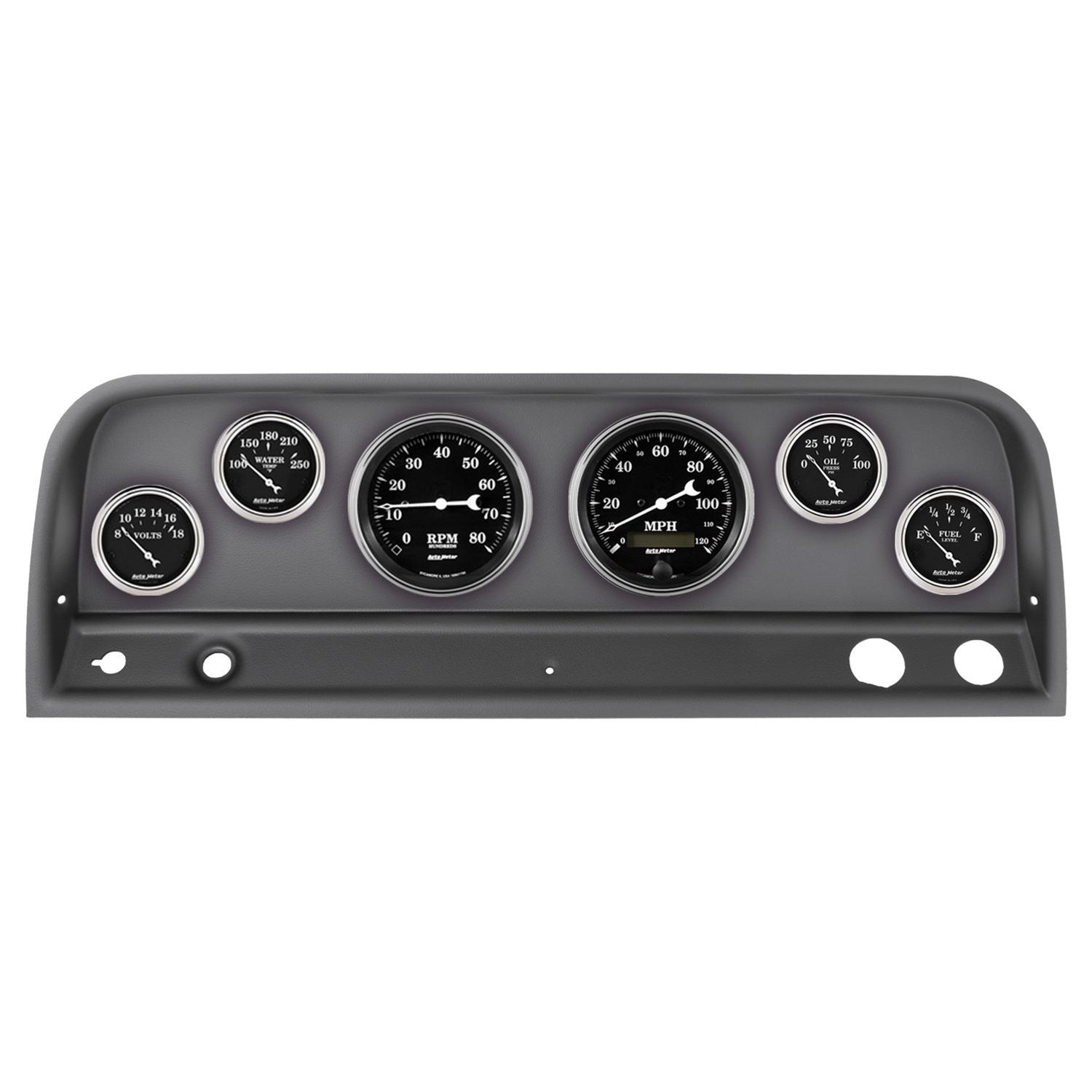 AutoMeter Old Tyme Black Series Instrument Clusters 2128-07 Gauge Kit, Black, Analog, Speedo, Tach, Oil, Water, Volts, Fuel, White Numbers and Pointers, Panel, Chevy, Kit