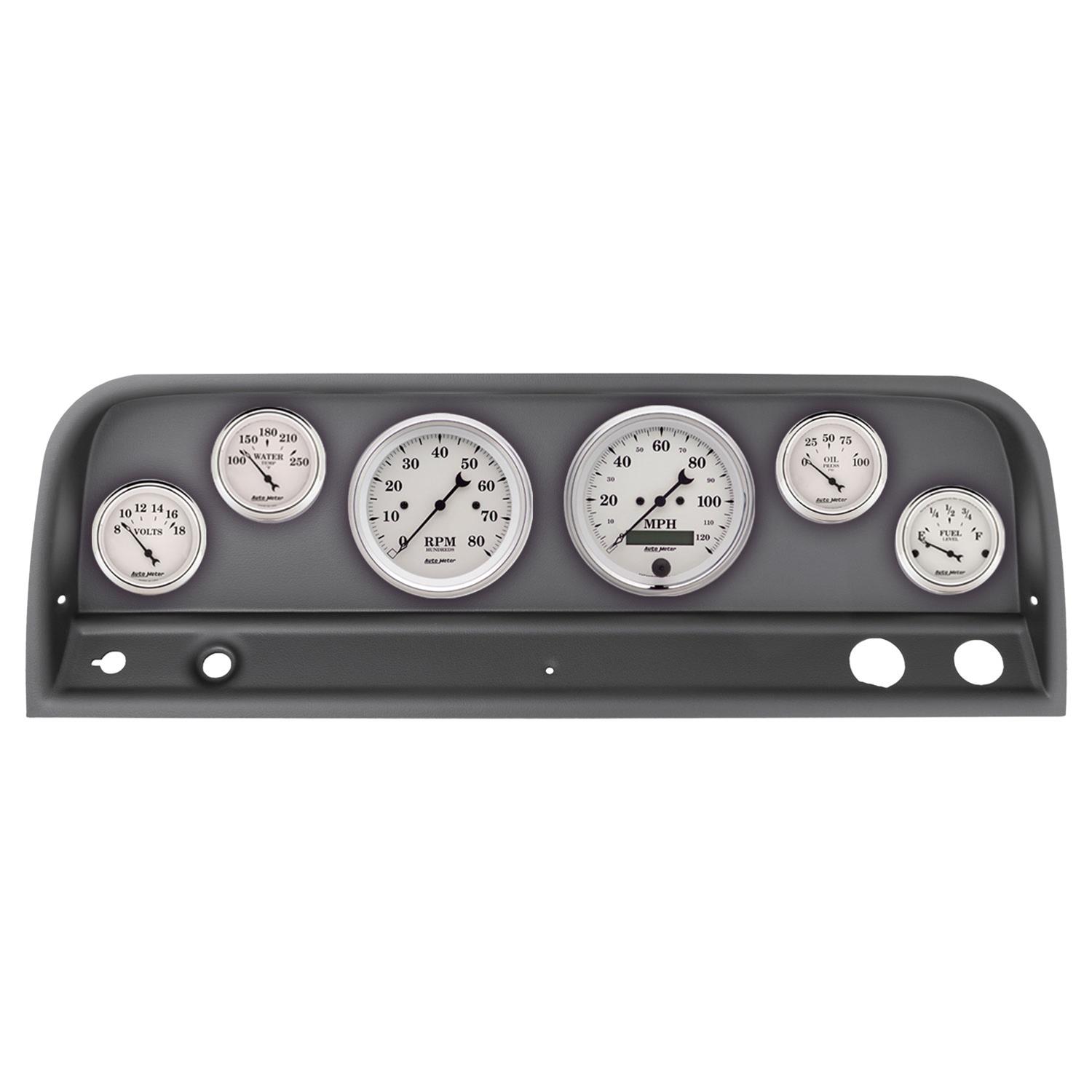 AutoMeter Old Tyme White Series Instrument Clusters 2128-08 Gauge Kit, White, Analog, Speedo, Tach, Oil, Water, Volts, Fuel, Black Numbers and Pointers, Black Panel, Chevy, Kit
