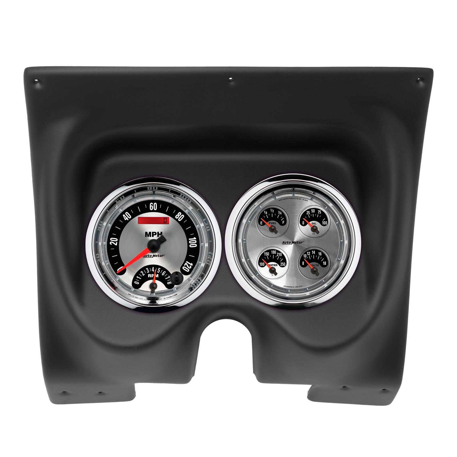 AutoMeter American Muscle Instrument Clusters for 1967-1968 CAMARO, FIREBIRD - 2129-01 Gauge Kit, Muscle, Analog, Silver Face, Speedometer, Oil, Water, Volts, Fuel, White Numbers, Red Pointers, Black Panel, Chevy, Pontiac, Kit