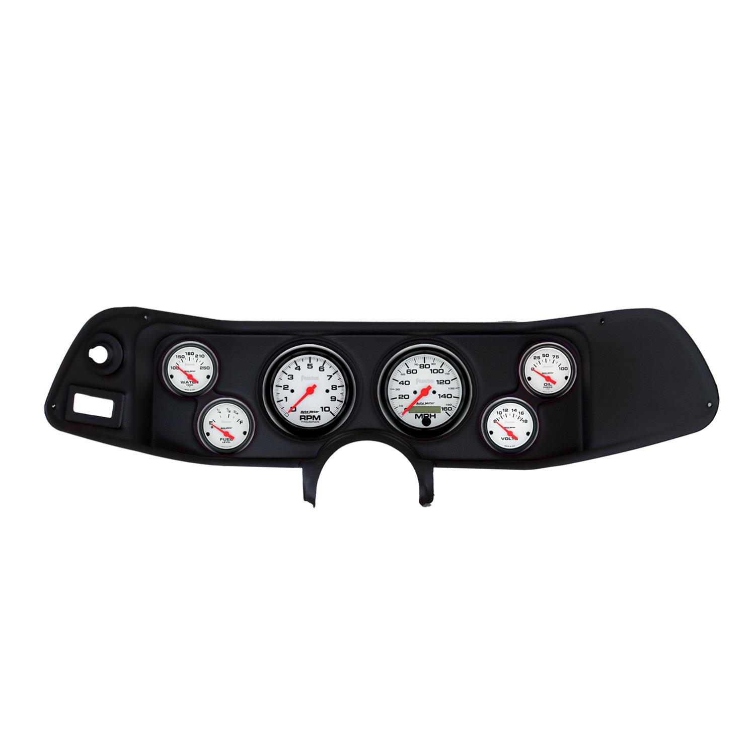 AutoMeter Phantom Instrument Clusters for 1970-1978 CAMARO - 2132-09 Gauge Kit, Phantom, Analog, White Face, Speedo, Tach, Oil, Water, Volt, Fuel, Black Numbers, Red Pointers, Black Panel, Chevy, Kit