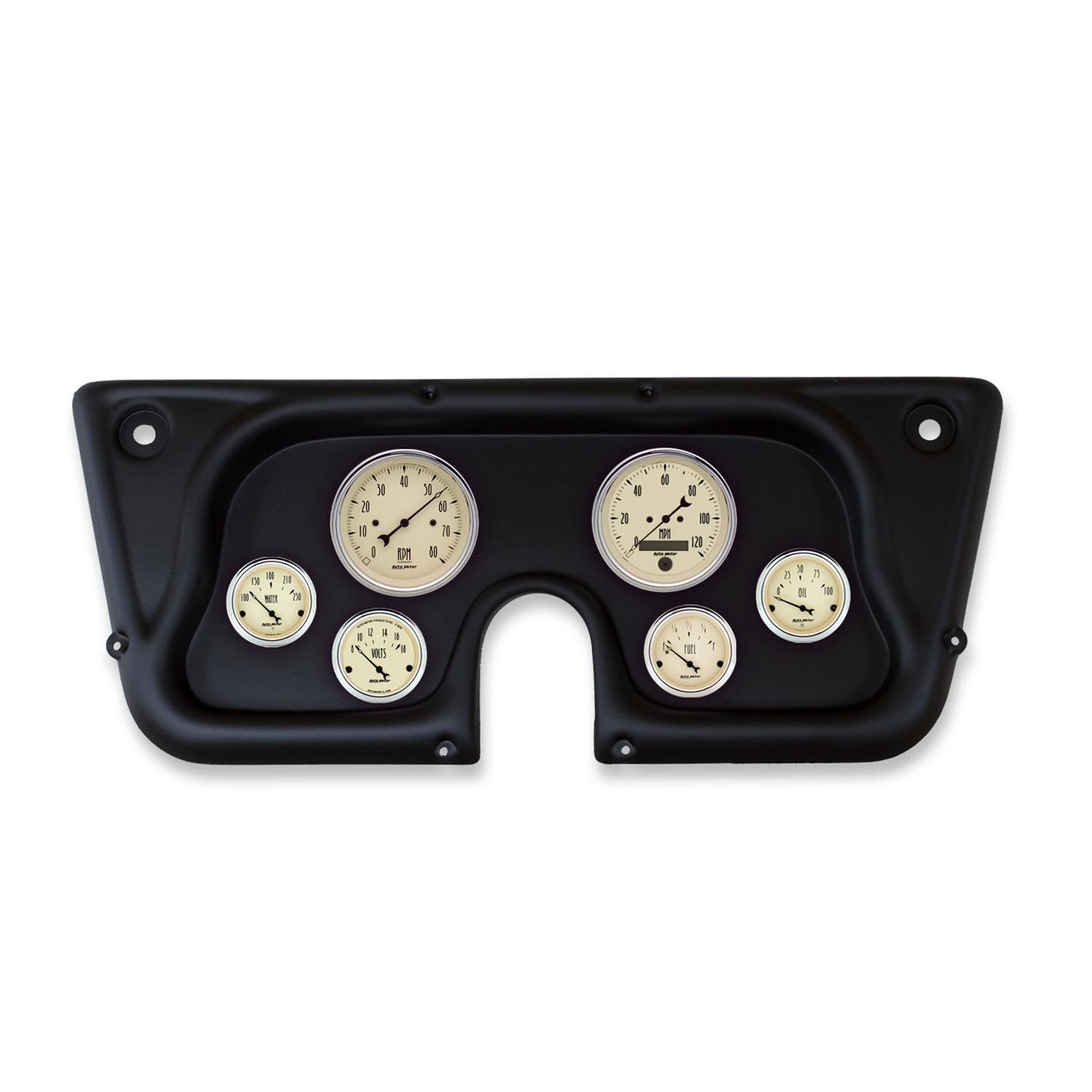 AutoMeter Antique Beige Instrument Clusters 2142-02 Gauge Kit, Beige, Analog, Speedometer, Tach, Oil, Water, Volt, Fuel, Black Numbers and Pointers, Black Panel, Chevy, Kit