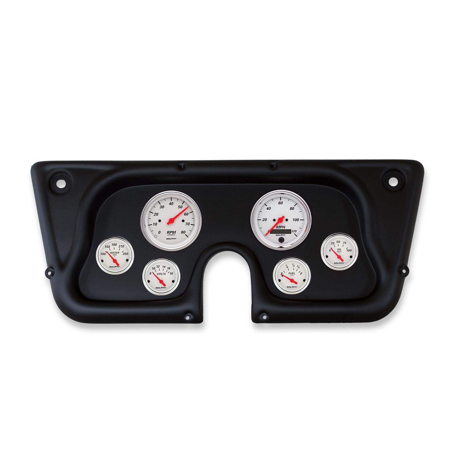 AutoMeter Arctic White Instrument Clusters 2142-03 Gauge Kit, White, Analog, Speedometer, Tach, Oil, Water, Volt, Fuel, Black Numbers, Red Pointers, Black Panel, Chevy, Kit