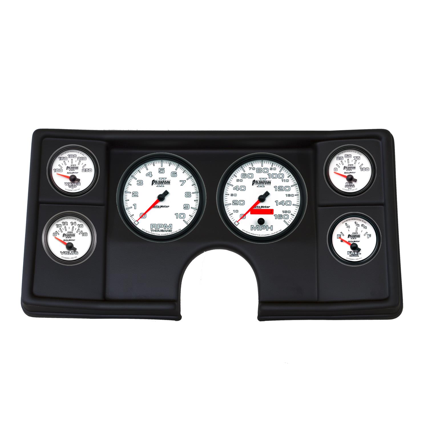 AutoMeter Phantom II Instrument Clusters for 1982-1987 EL CAMINO, MONTE CARLO, 1982-1983 MALIBU - 2143-10 Gauge Kit, II, Analog, White Face, Speedometer, Tach, Oil, Water, Volt, Fuel, Silver Numbers, Red Pointers, Black Panel, Chevy, Kit