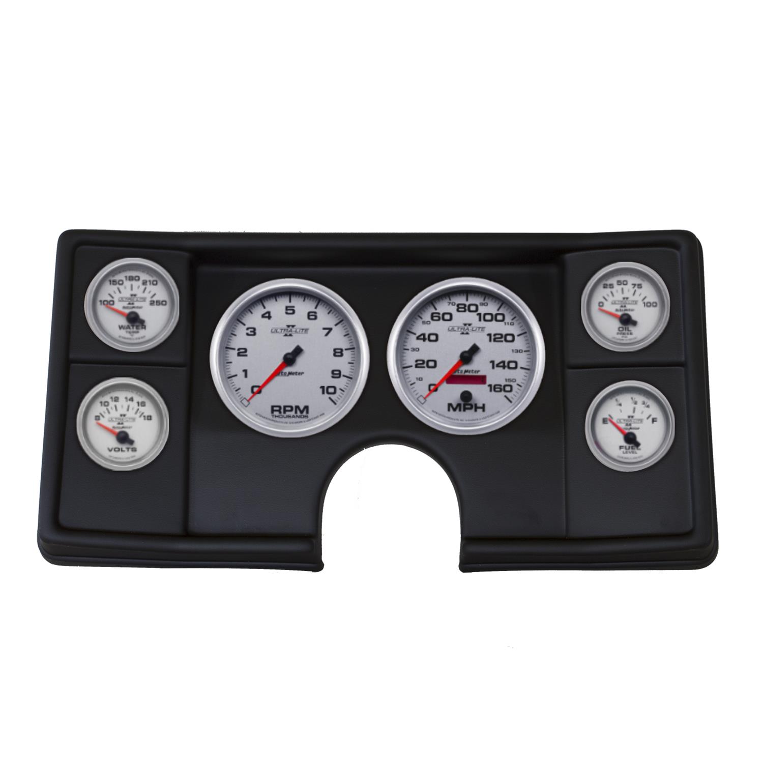 AutoMeter Ultra-Lite II Instrument Clusters for 1982-1987 EL CAMINO, MONTE CARLO, 1982-1983 MALIBU - 2143-14 Gauge Kit, II, Analog, Silver Face, Speedometer, Tach, Oil, Water, Volt, Fuel, Black Numbers, Red Pointers, Black Panel, Chevy, Kit