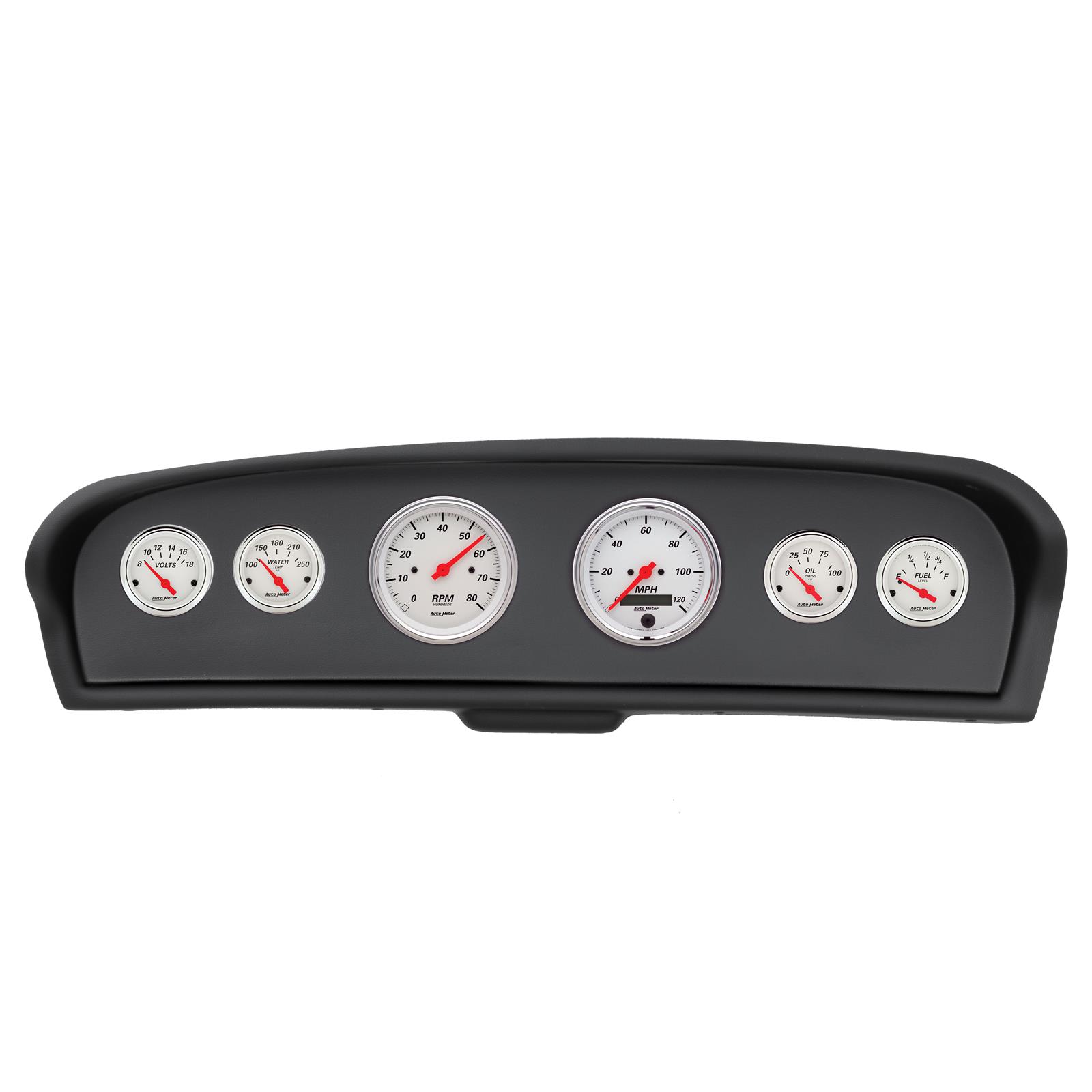 AutoMeter Arctic White Instrument Clusters for 1961-1966 F-100, F-250, F-350 - 2144-03 Gauge Kit, White, Analog, Speedometer, Tach, Oil, Water, Volt, Fuel, Black Numbers, Red Pointers, Black Panel, Chevy, Kit