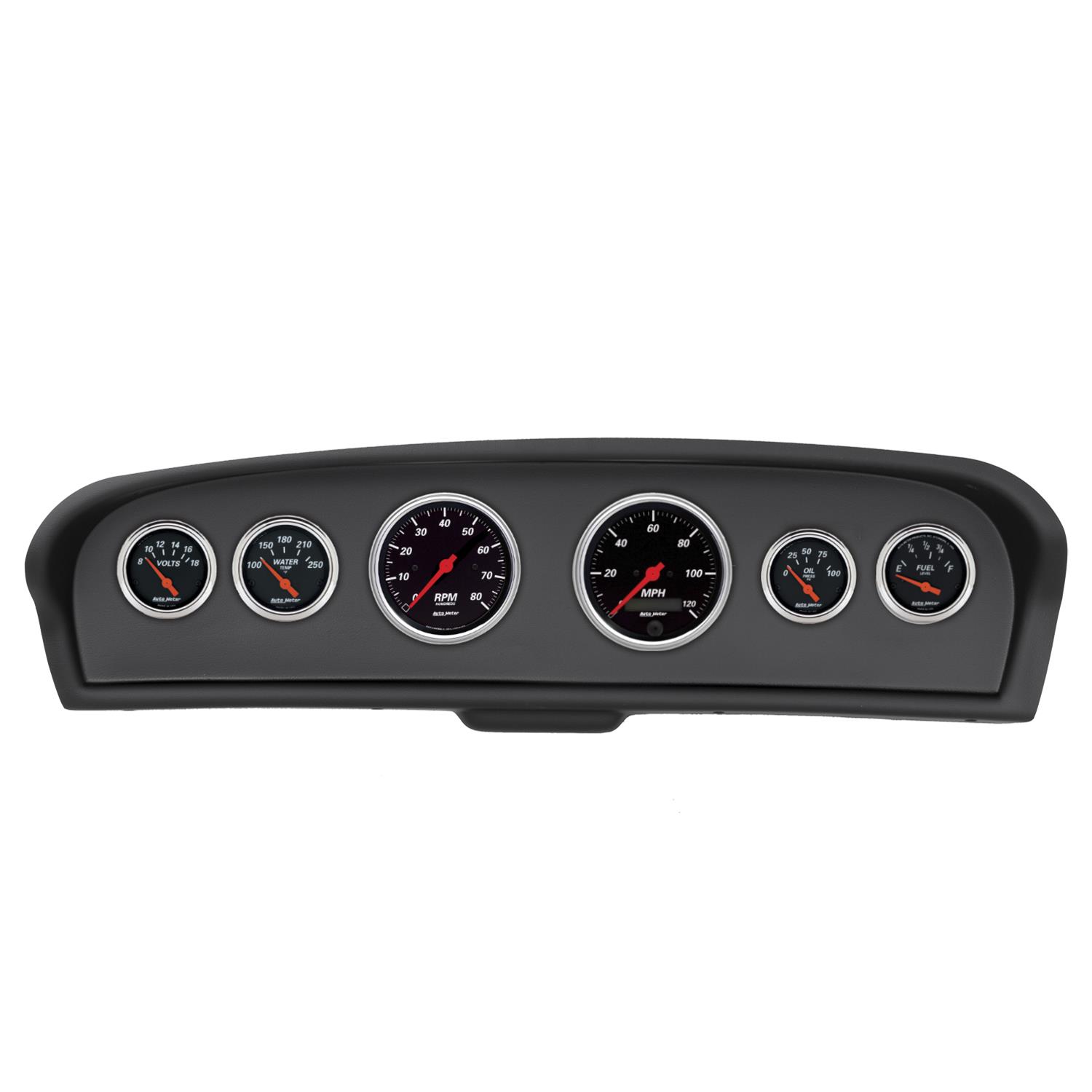 AutoMeter Designer Black Instrument Clusters for 1961-1966 F-100, F-250, F-350 - 2144-06 Gauge Kit, Black, Analog, Speedometer, Tach, Oil, Water, Volt, Fuel, White Numbers, Red Pointers, Panel, Chevy, Kit