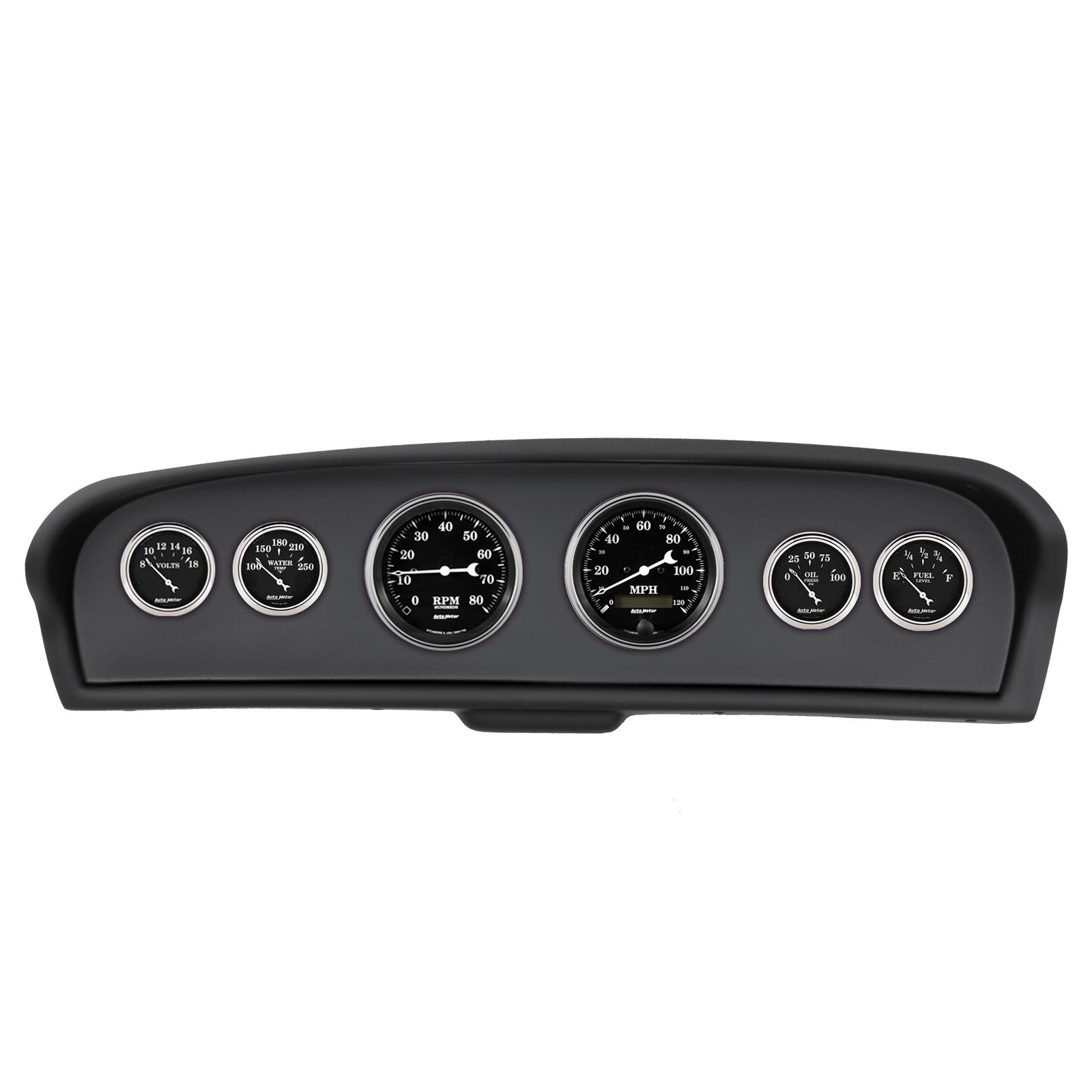 AutoMeter Old Tyme Black Series Instrument Clusters for 1961-1966 F-100, F-250, F-350 - 2144-07 Gauge Kit, Black, Analog, Speedometer, Tach, Oil, Water, Volt, Fuel, White Numbers and Pointers, Panel, Chevy, Kit