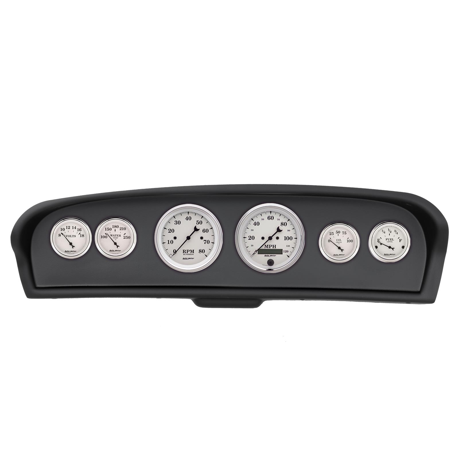 AutoMeter Old Tyme White Series Instrument Clusters for 1961-1966 F-100, F-250, F-350 - 2144-08 Gauge Kit, White, Analog, Speedometer, Tach, Oil, Water, Volt, Fuel, Black Numbers and Pointers, Black Panel, Chevy, Kit