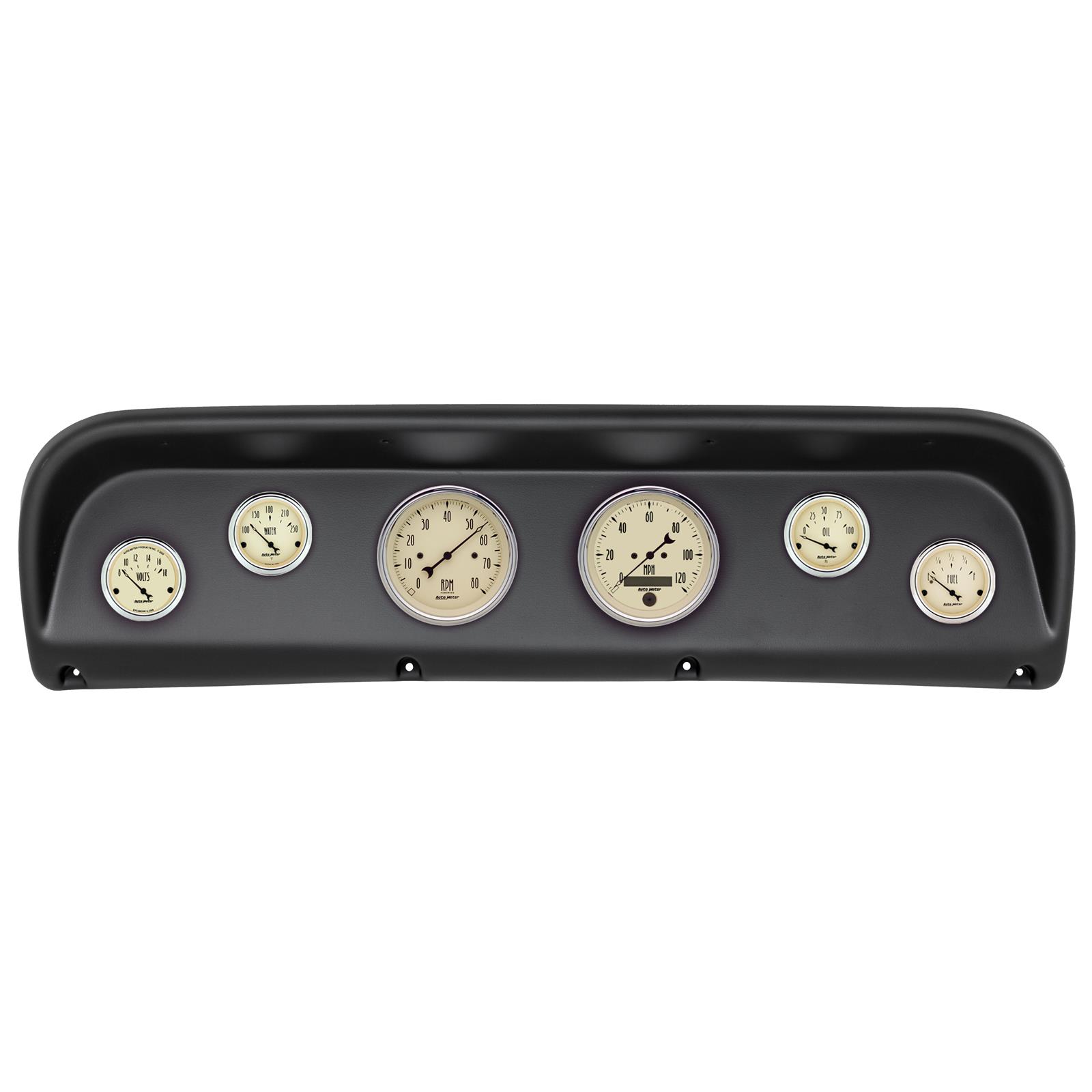 AutoMeter Antique Beige Instrument Clusters 2145-02 Gauge Kit, Beige, Analog, Speedometer, Tach, Oil, Water, Volt, Fuel, Black Numbers and Pointers, Black Panel, Ford, Kit