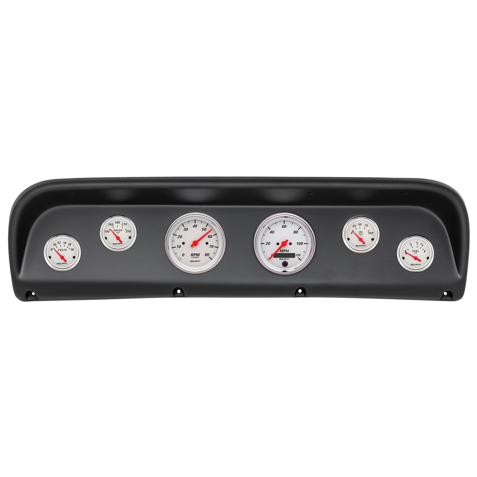 AutoMeter Arctic White Instrument Clusters 2145-03 Gauge Kit, White, Analog, Speedometer, Tach, Oil, Water, Volt, Fuel, Black Numbers, Red Pointers, Black Panel, Ford, Kit