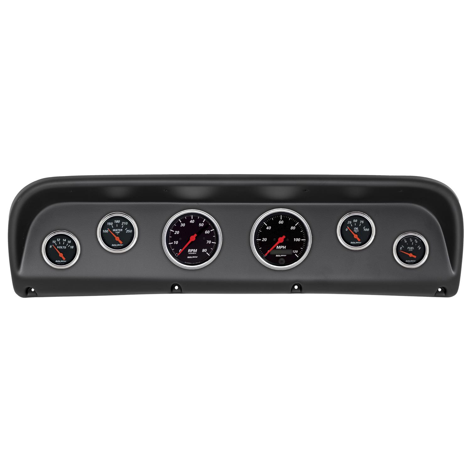 AutoMeter Designer Black Instrument Clusters 2145-06 Gauge Kit, Black, Analog, Speedometer, Tach, Oil, Water, Volt, Fuel, White Numbers, Red Pointers, Panel, Ford, Kit