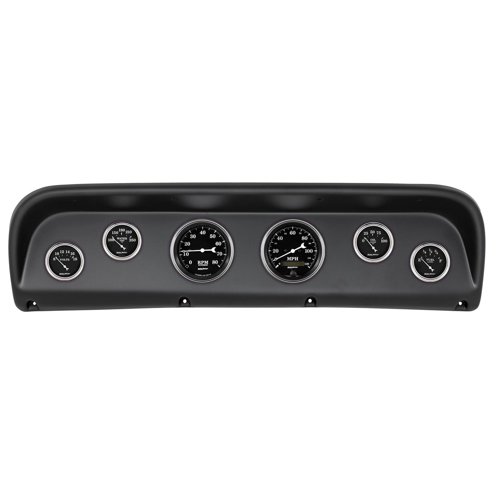 AutoMeter Old Tyme Black Series Instrument Clusters 2145-07 Gauge Kit, Black, Analog, Speedometer, Tach, Oil, Water, Volt, Fuel, White Numbers and Pointers, Panel, Ford, Kit