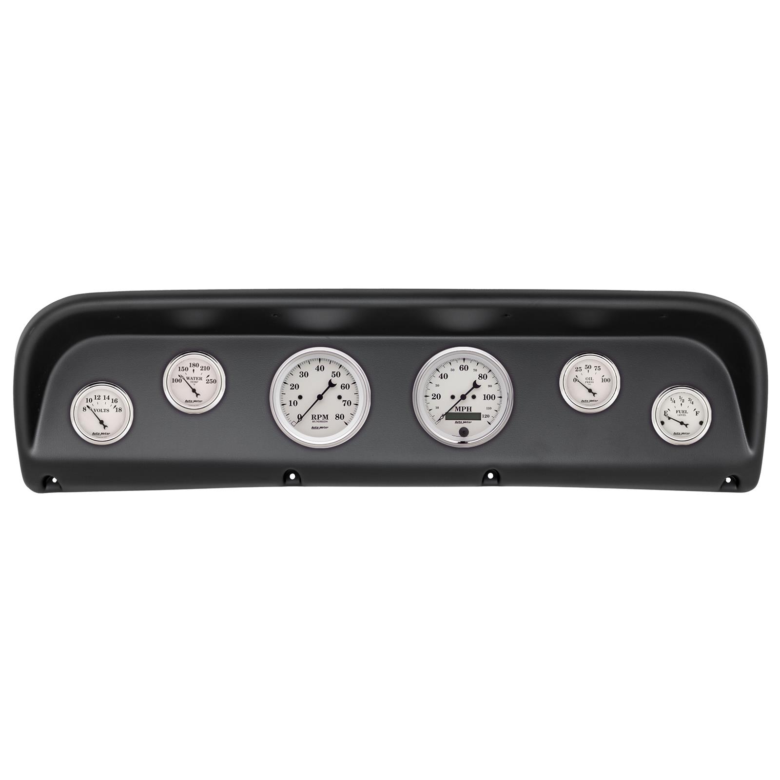 AutoMeter Old Tyme White Series Instrument Clusters 2145-08 Gauge Kit, White, Analog, Speedometer, Tach, Oil, Water, Volt, Fuel, Black Numbers and Pointers, Black Panel, Ford, Kit