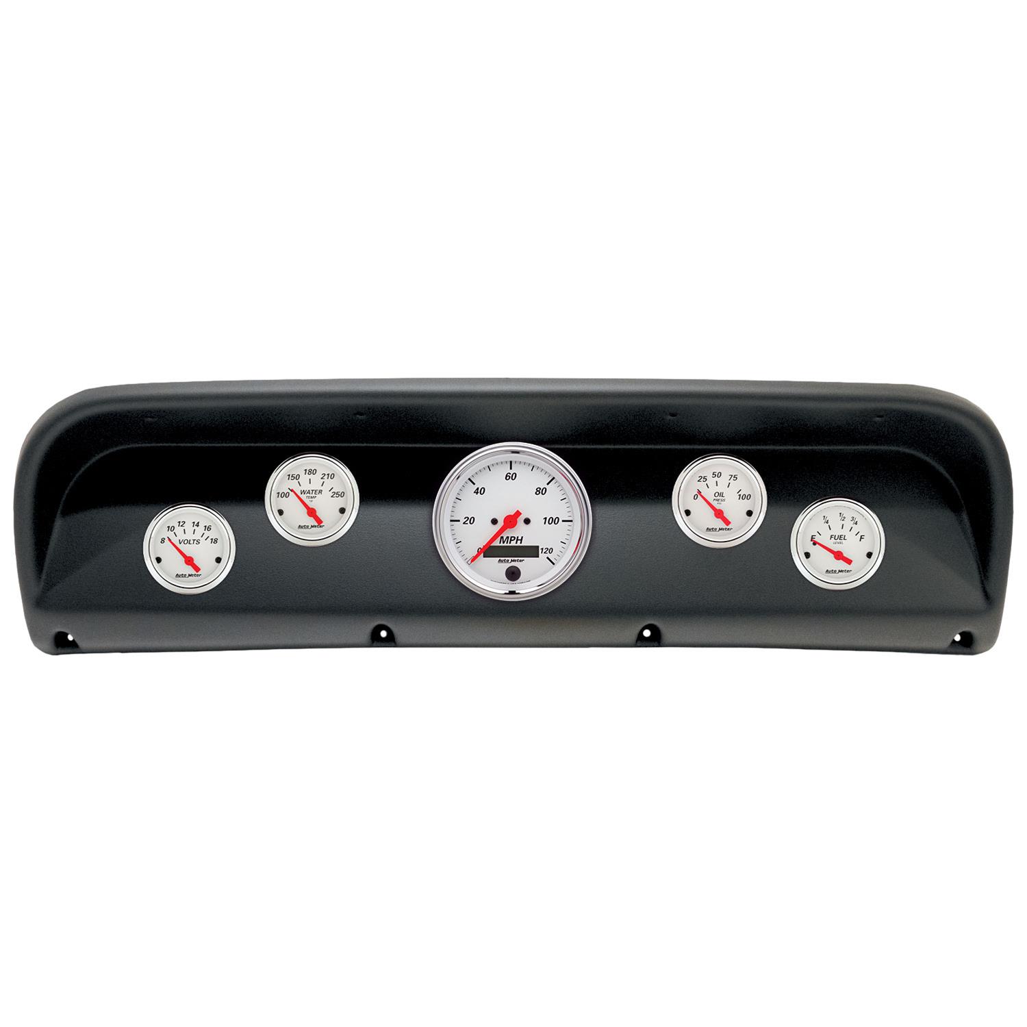 AutoMeter Arctic White Instrument Clusters for 1967-1972 F-100, F-250, F-350 - 2900-03 Gauge Kit, White, Analog, Speedometer, Oil, Water, Volt, Fuel, Black Numbers, Red Pointers, Black Panel, Ford, Kit