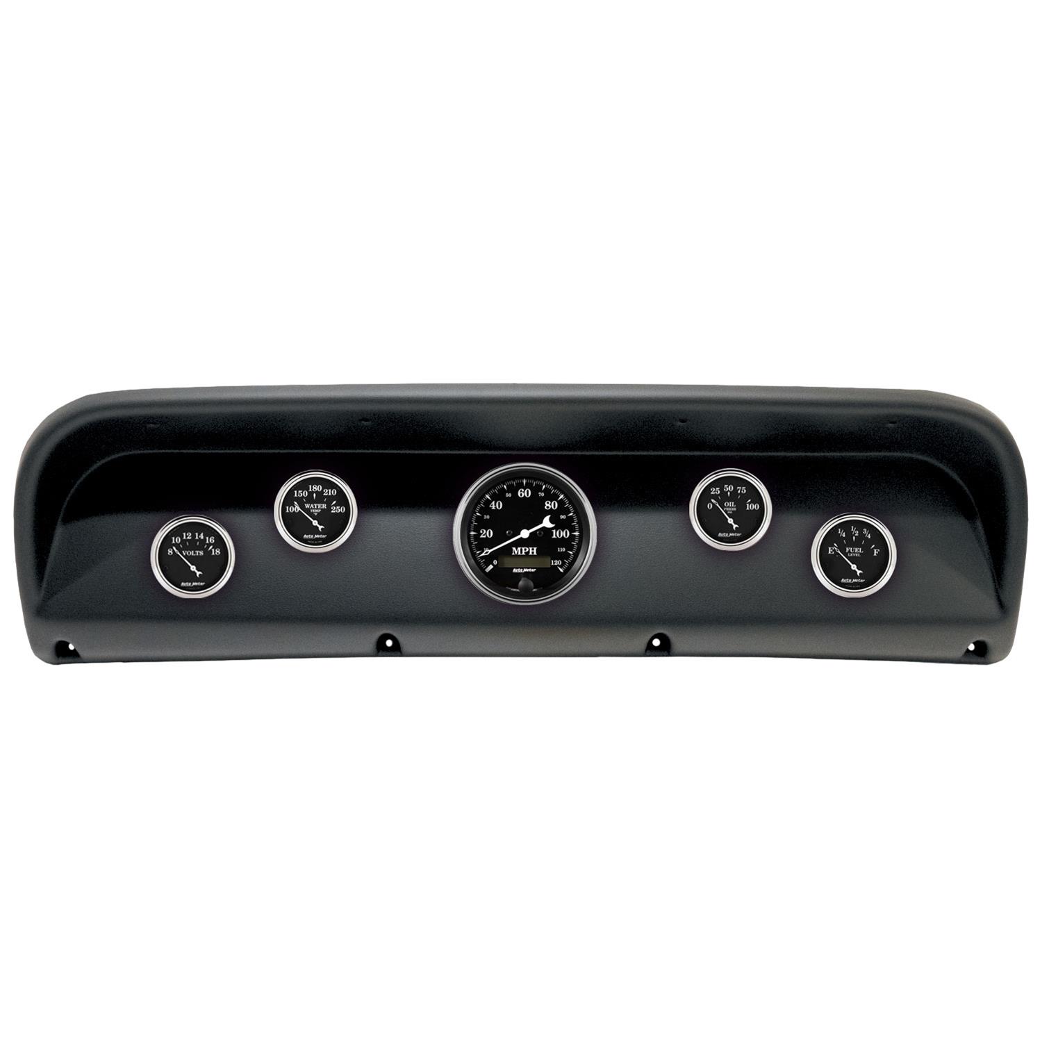 AutoMeter Old Tyme Black Series Instrument Clusters for 1967-1972 F-100, F-250, F-350 - 2900-07 Gauge Kit, Black, Analog, Speedometer, Oil, Water, Volt, Fuel, White Numbers and Pointers, Panel, Ford, Kit