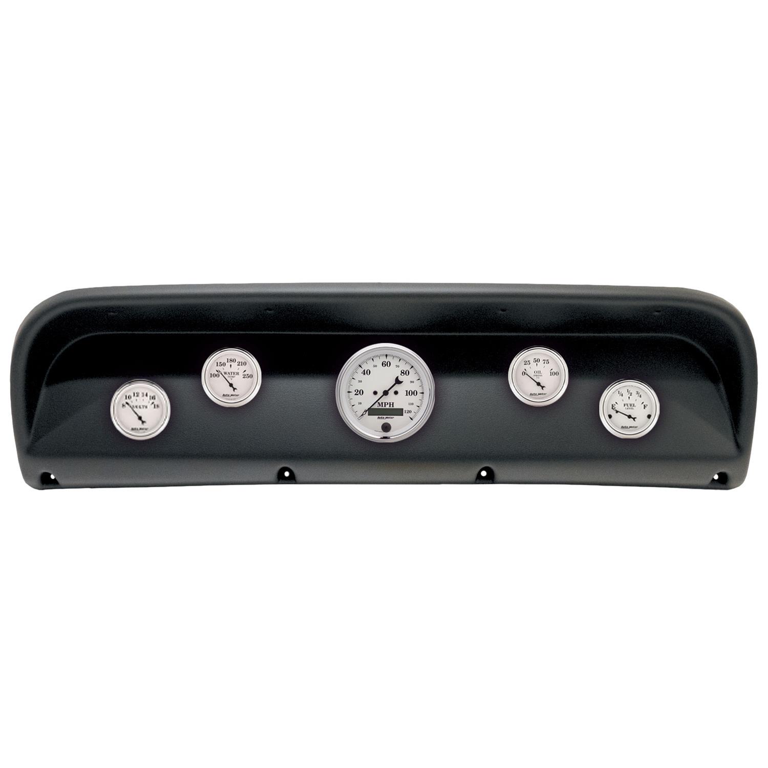 AutoMeter Old Tyme White Series Instrument Clusters for 1967-1972 F-100, F-250, F-350 - 2900-08 Gauge Kit, White, Analog, Speedometer, Oil, Water, Volt, Fuel, Black Numbers and Pointers, Black Panel, Ford, Kit