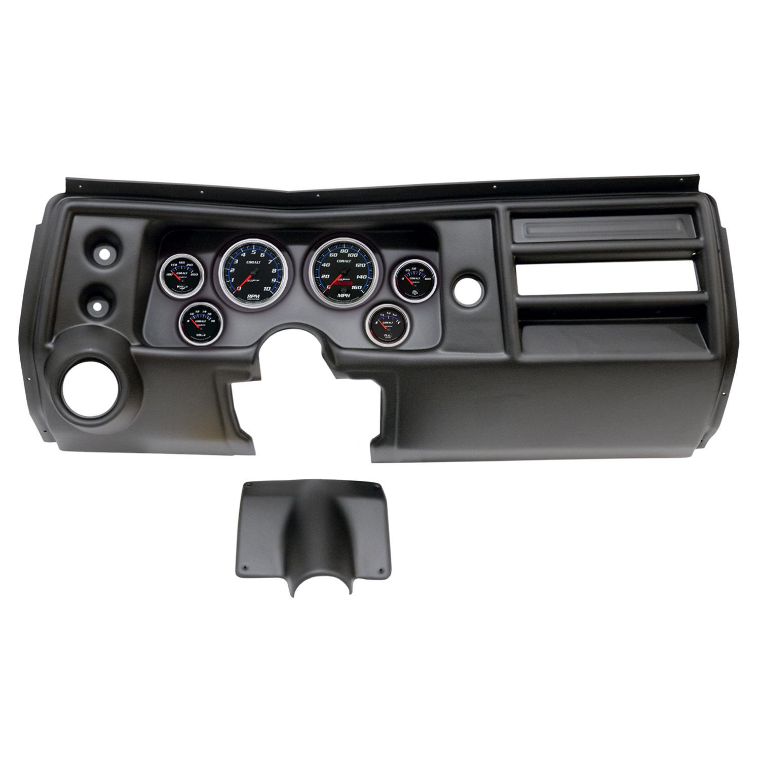 AutoMeter Cobalt Instrument Clusters for 1968 CHEVELLE, EL CAMINO - 2902-05 Gauge Kit, Cobalt, Analog, Black Face, Speedo, Tach, Oil, Water, Volt, Fuel, White/Blue Numbers, Red Pointers, Black Panel, Chevy, With Vent, Kit