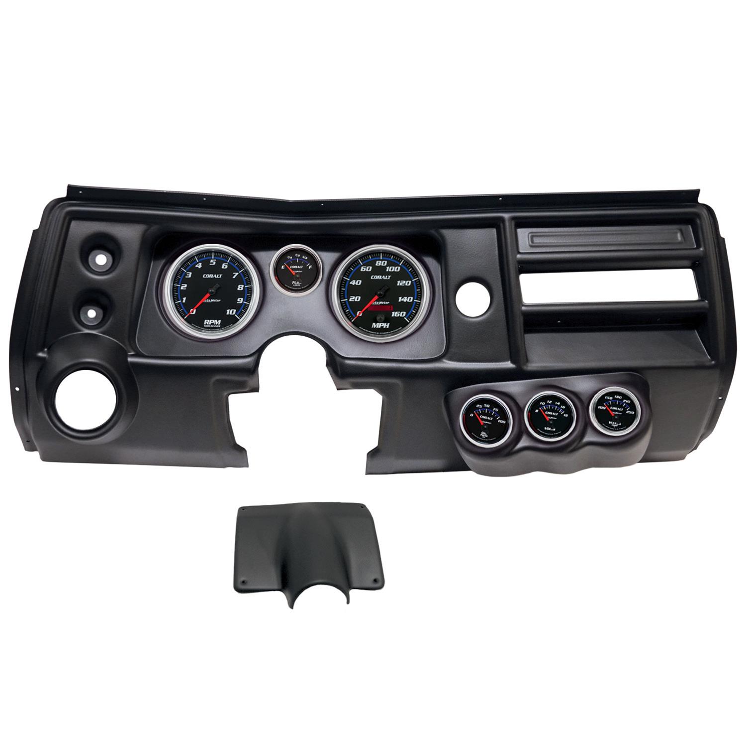 AutoMeter Cobalt Instrument Clusters for 1968 CHEVELLE, EL CAMINO - 2904-05 Gauge Kit, Cobalt, Analog, Black Face, Speedo, Tach, Oil, Water, Volt, Fuel, White/Blue Numbers, Red Pointers, Black Panel, Chevy, With Vent, Kit