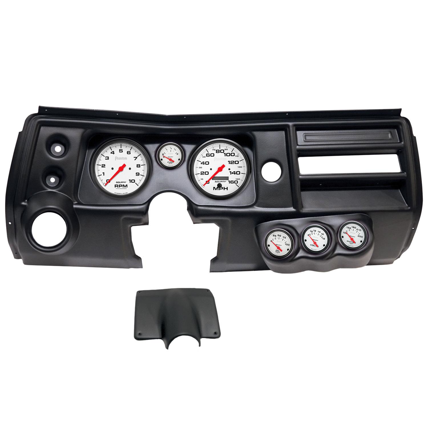 AutoMeter Phantom Instrument Clusters for 1968 CHEVELLE, EL CAMINO - 2904-09 Gauge Kit, Phantom, Analog, White Face, Speedo, Tach, Oil, Water, Volt, Fuel, Black Numbers, Red Pointers, Black Panel, Chevy, With Vent, Kit