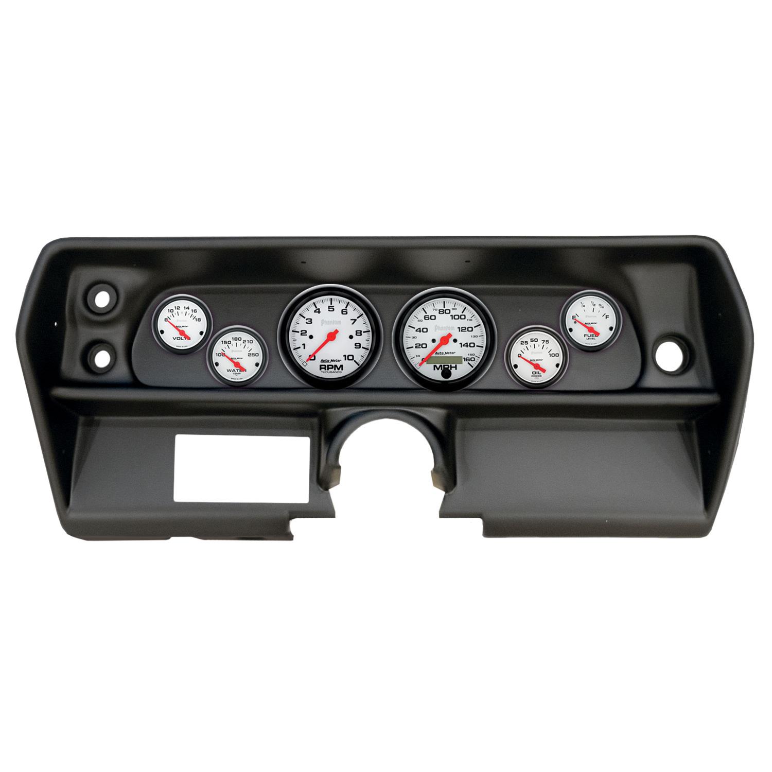AutoMeter Phantom Instrument Clusters for 1968 CHEVY II - 2905-09 Gauge Kit, Phantom, Analog, White Face, Speedometer, Tach, Oil, Water, Volt, Fuel, Black Numbers, Red Pointers, Black Panel, Chevy, Kit