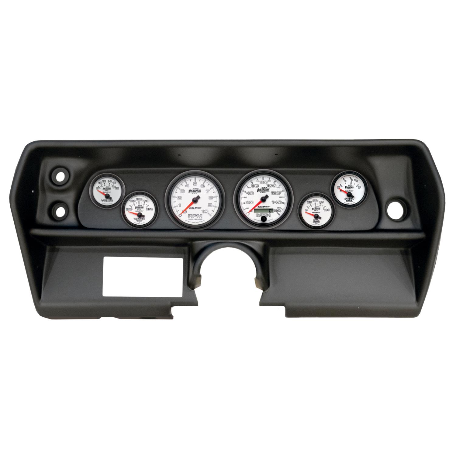 AutoMeter Phantom II Instrument Clusters for 1968 CHEVY - 2905-10 Gauge Kit, II, Analog, White Face, Speedometer, Tach, Oil, Water, Volt, Fuel, Silver Numbers, Red Pointers, Black Panel, Chevy, Kit