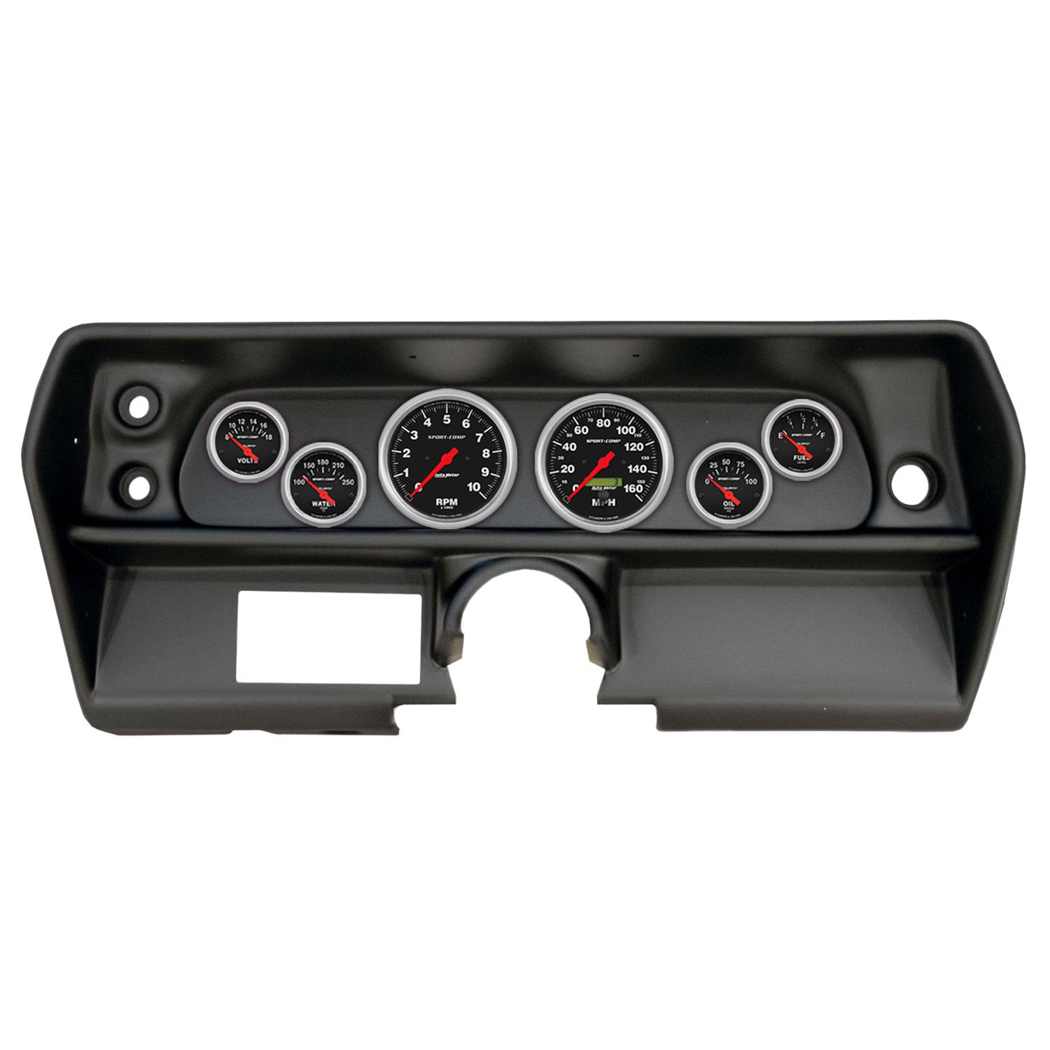 AutoMeter Sport-Comp Instrument Clusters for 1968 CHEVY II - 2905-11 Gauge Kit, Sport-Comp, Analog, Black Face, Speedometer, Tach, Oil, Water, Volt, Fuel, White Numbers, Red Pointers, Black Panel, Chevy, Kit