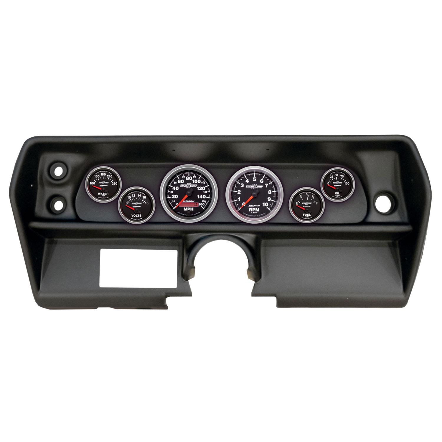 AutoMeter Sport-Comp II Instrument Clusters for 1968 CHEVY - 2905-12 Gauge Kit, II, Analog, Black Face, Speedometer, Tach, Oil, Water, Volt, Fuel, White Numbers, Red Pointers, Black Panel, Chevy, Kit